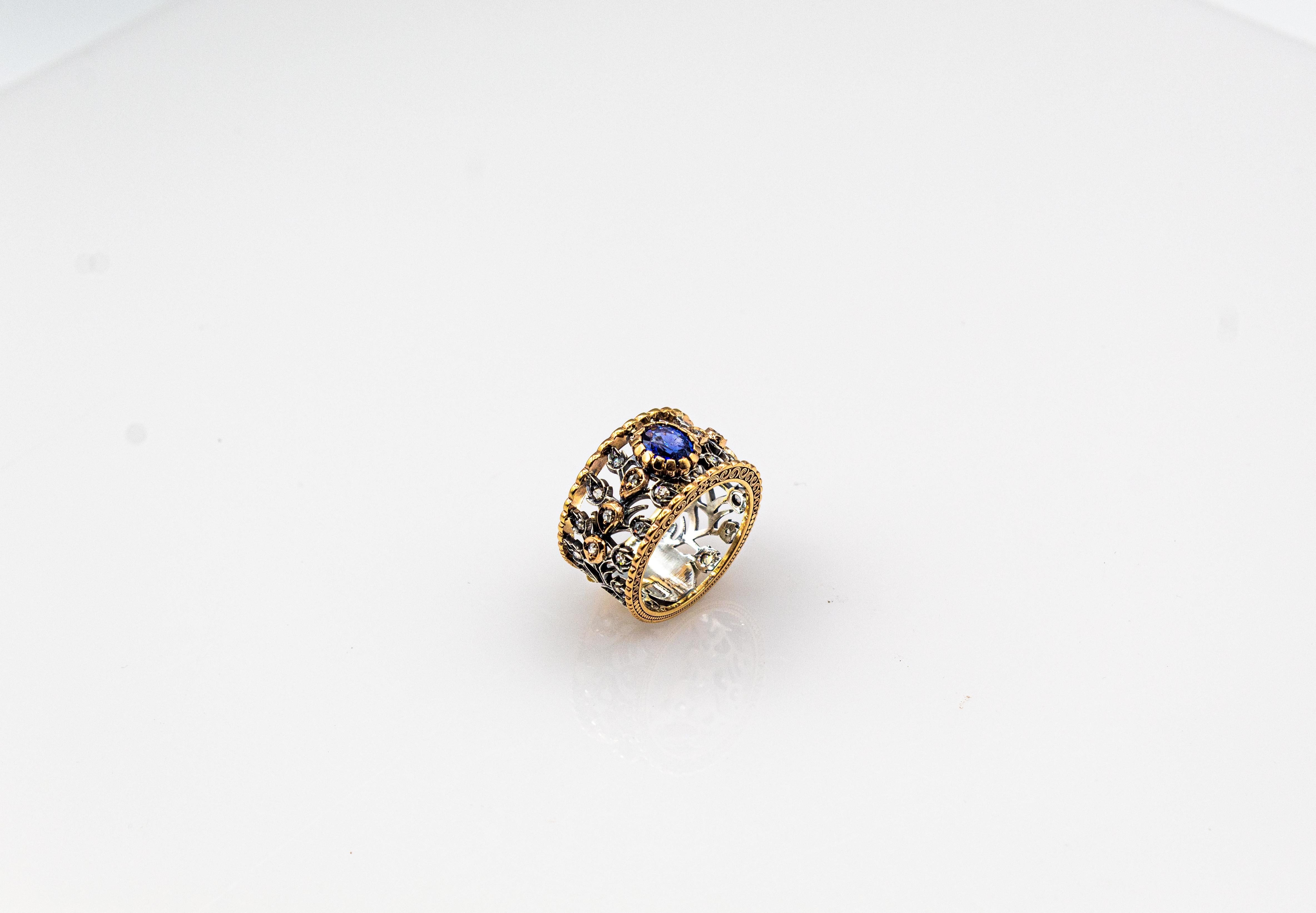 Gelbgoldring im Art-déco-Stil mit weißem Diamanten im Rosenschliff und blauem Saphir im Ovalschliff im Angebot 4