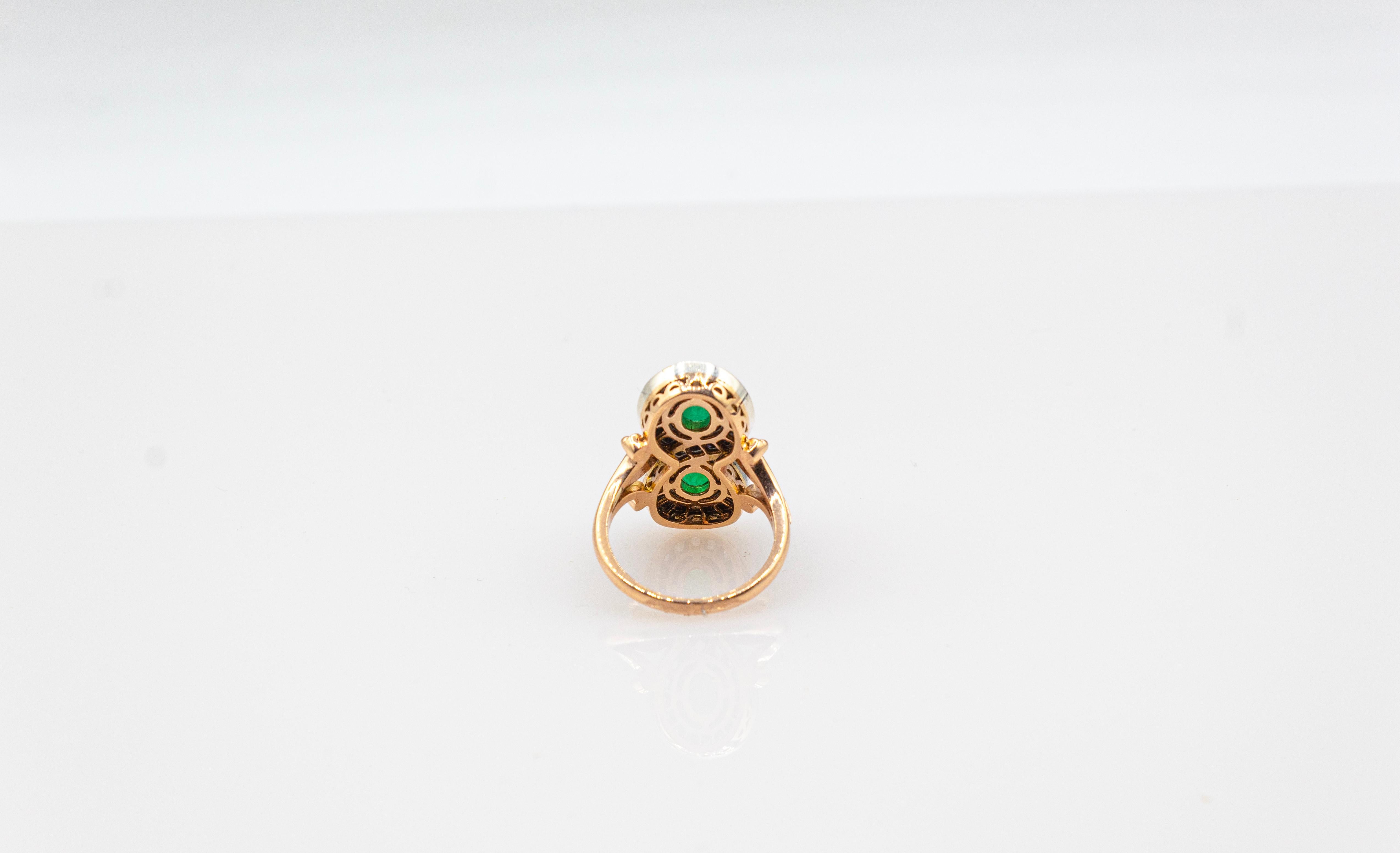 Art Deco Style White Rose Cut Diamond Oval Cut Emerald Yellow Gold Cocktail Ring For Sale 6