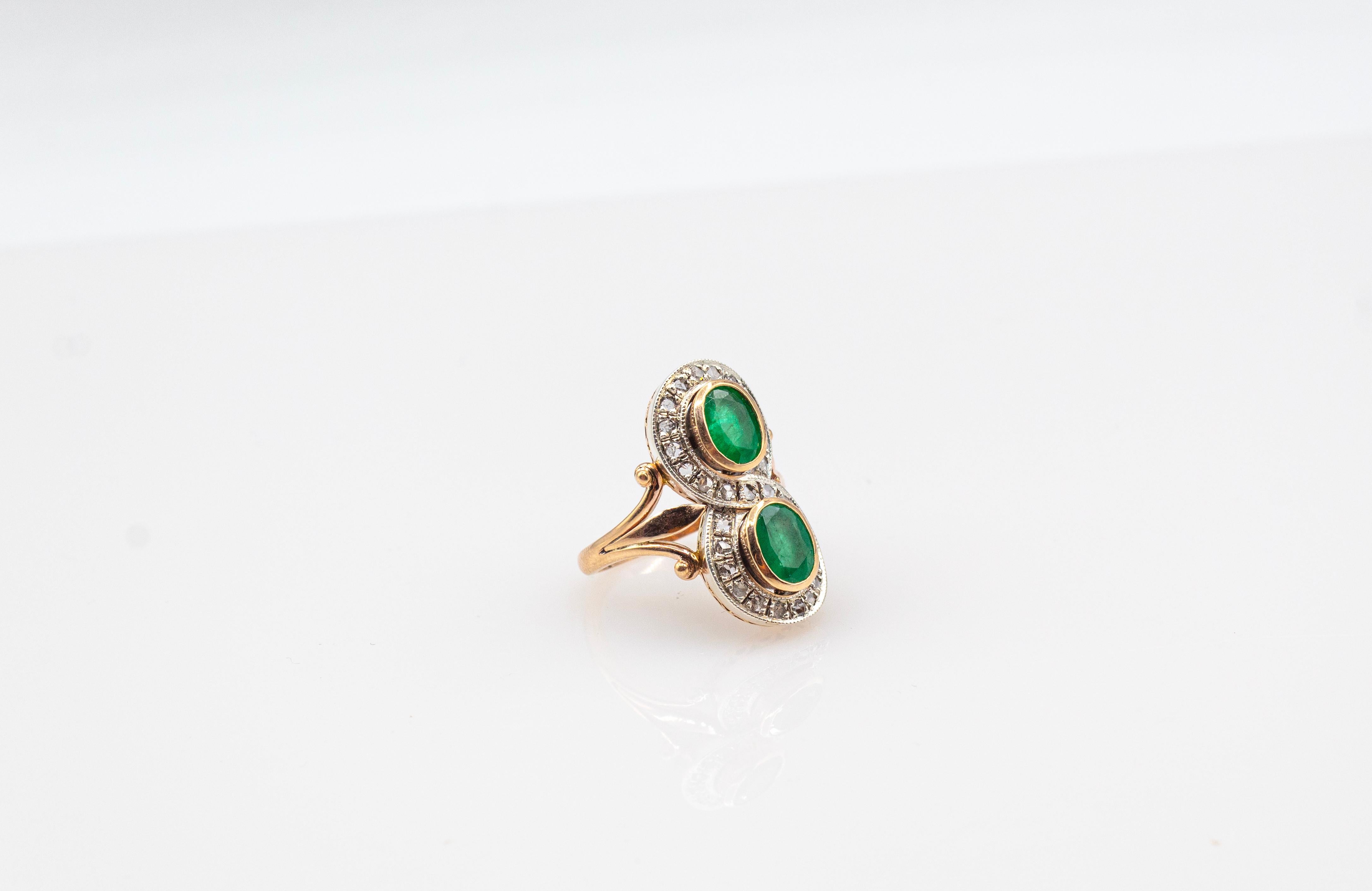 Art Deco Style White Rose Cut Diamond Oval Cut Emerald Yellow Gold Cocktail Ring For Sale 7