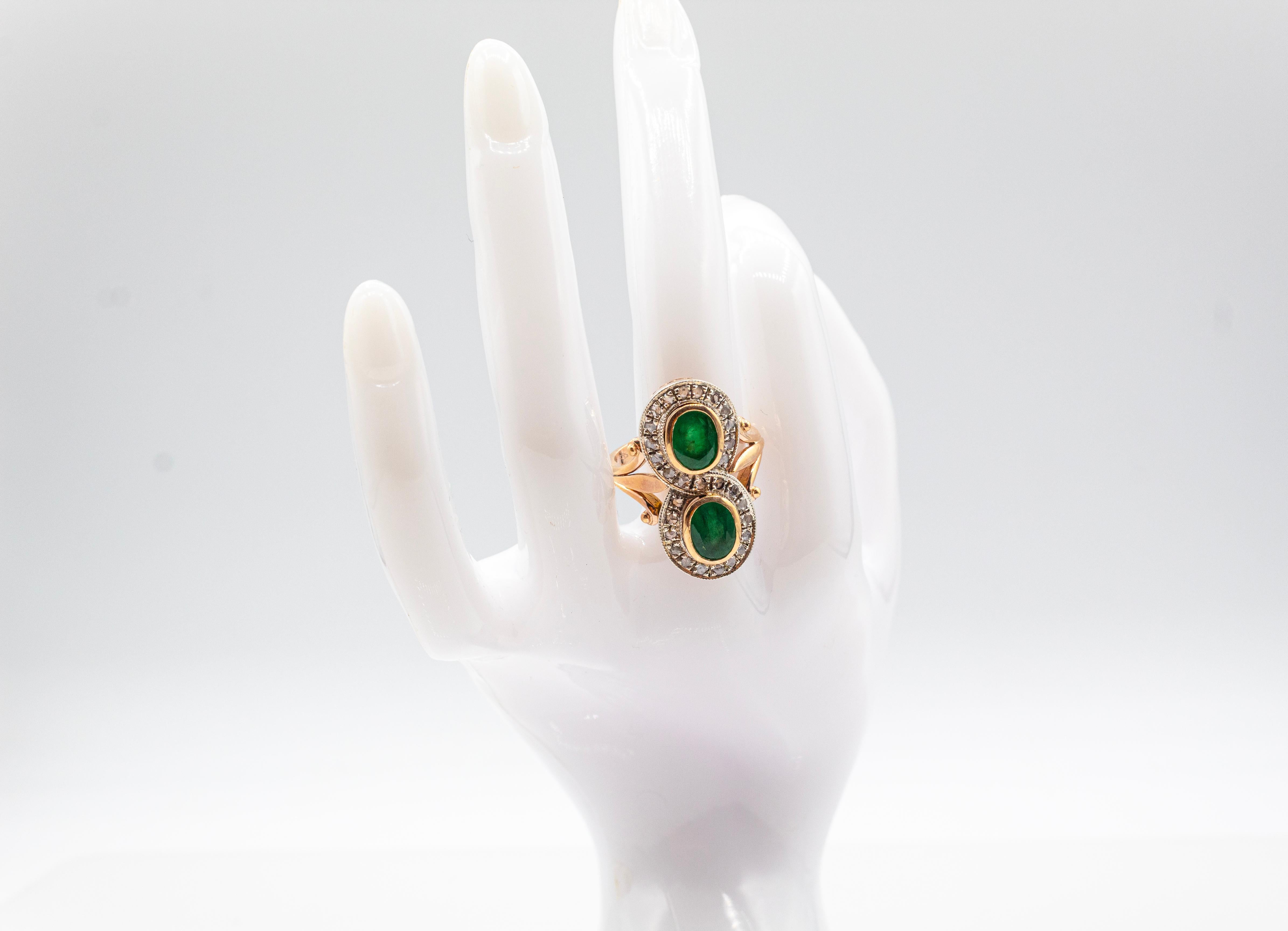 Art Deco Style White Rose Cut Diamond Oval Cut Emerald Yellow Gold Cocktail Ring For Sale 8