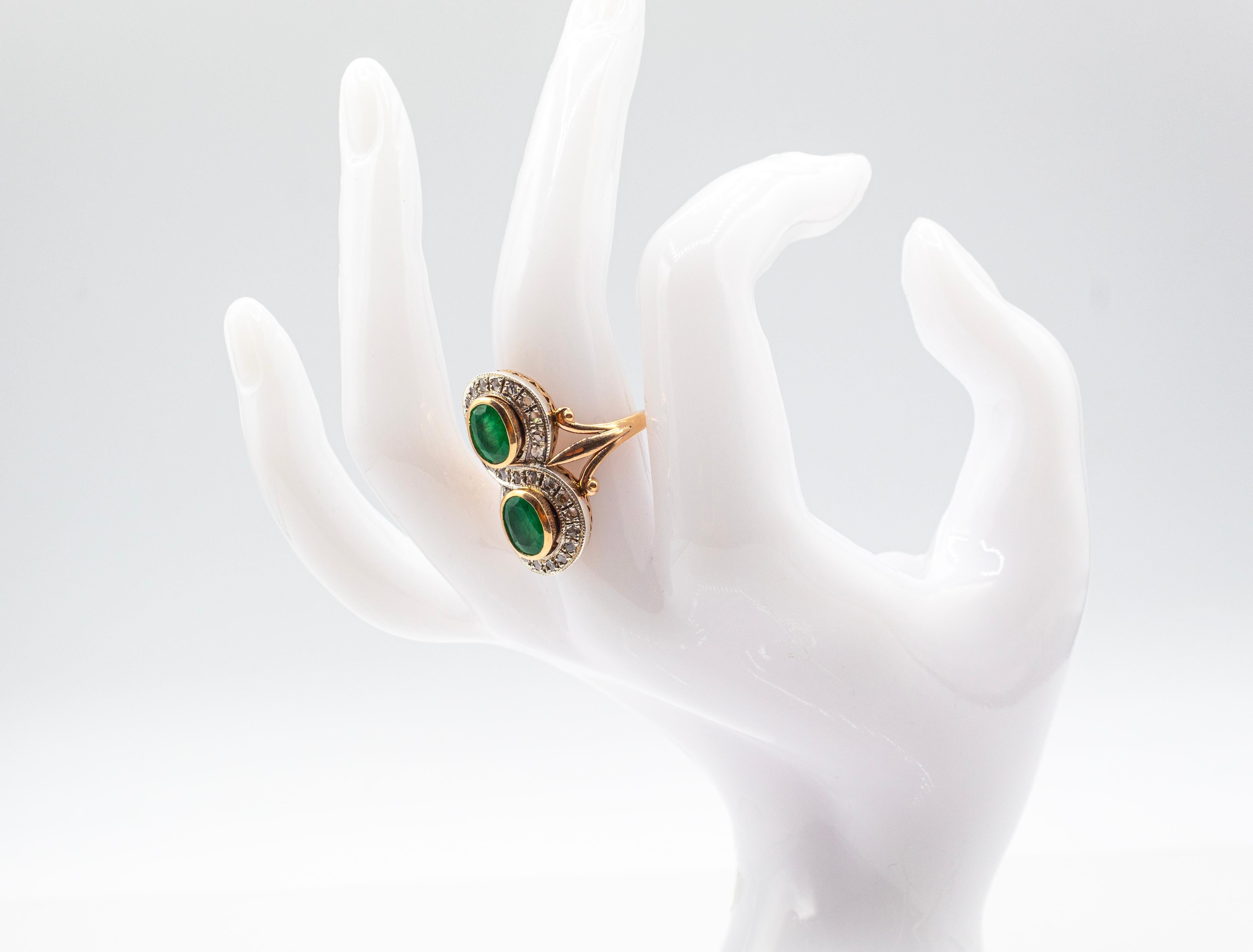 Art Deco Style White Rose Cut Diamond Oval Cut Emerald Yellow Gold Cocktail Ring For Sale 9