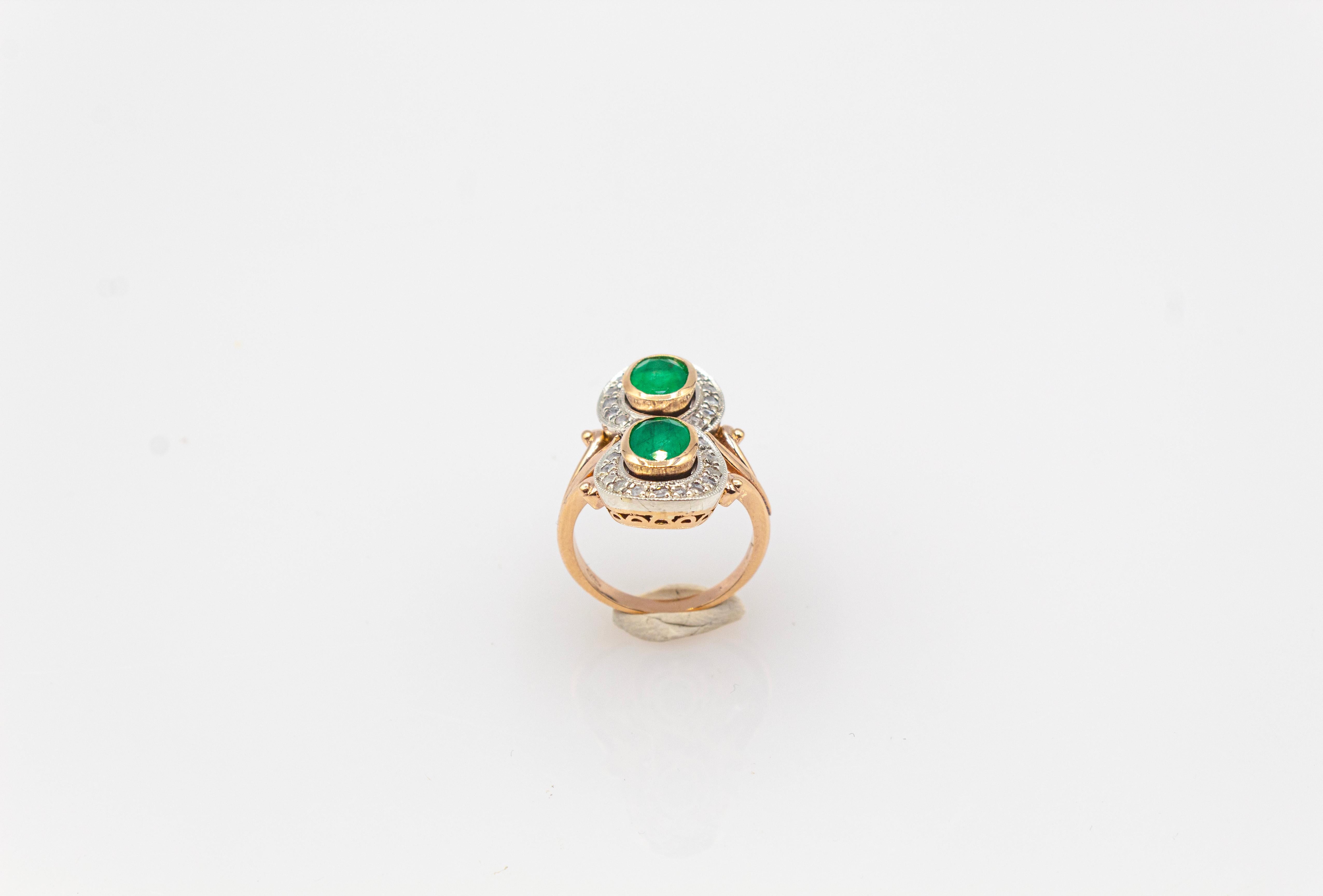 Women's or Men's Art Deco Style White Rose Cut Diamond Oval Cut Emerald Yellow Gold Cocktail Ring For Sale