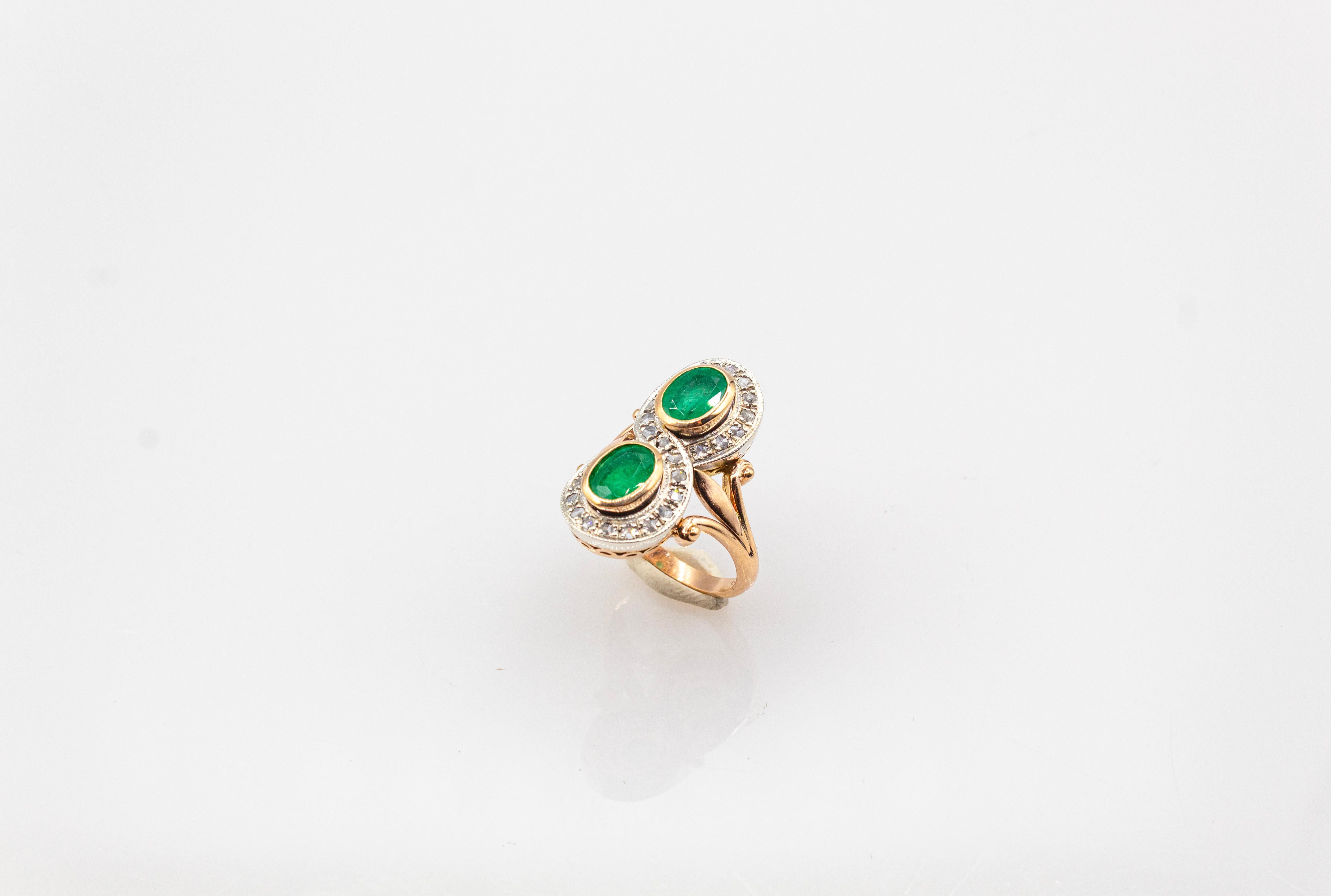 Art Deco Style White Rose Cut Diamond Oval Cut Emerald Yellow Gold Cocktail Ring For Sale 1