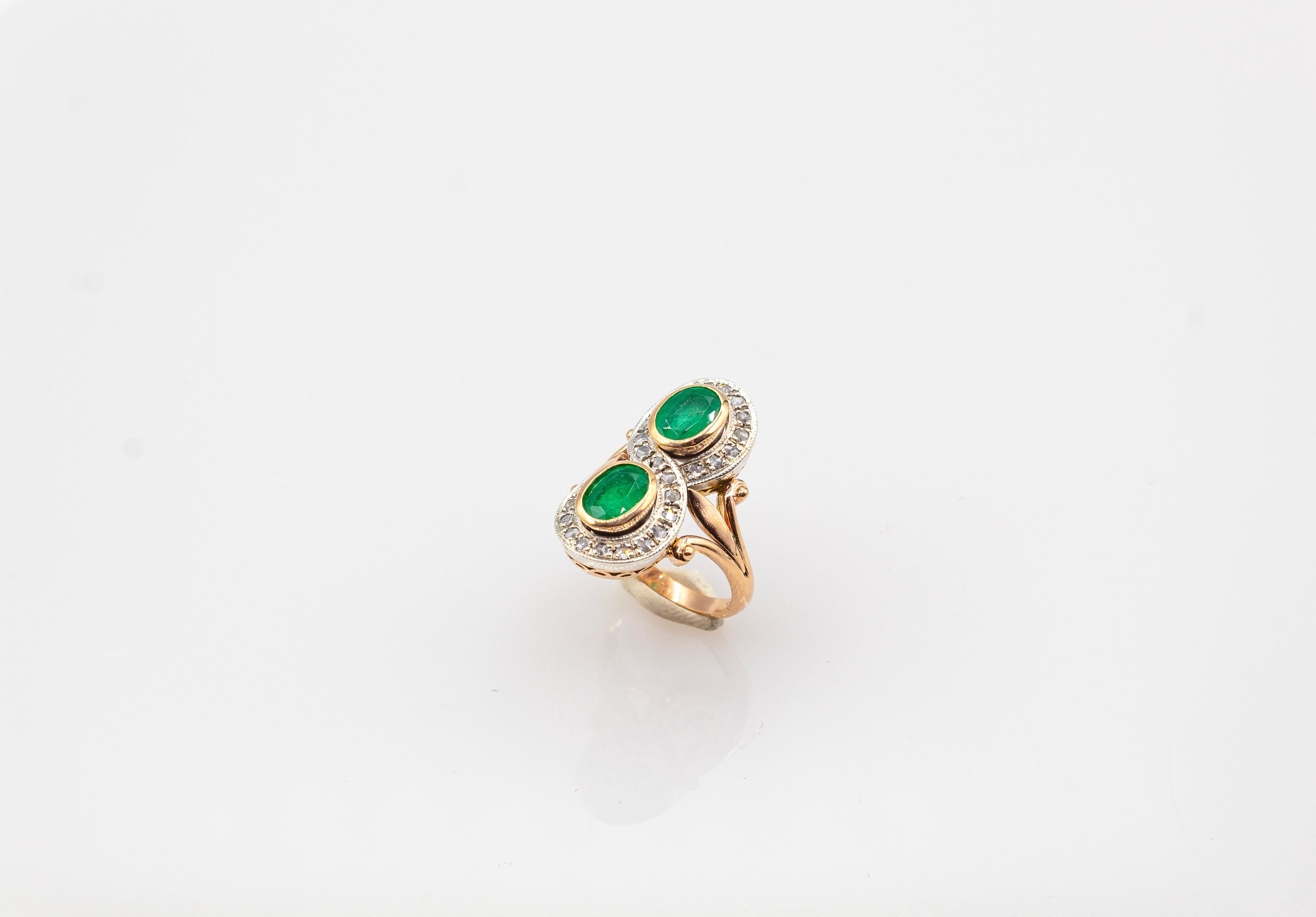 Art Deco Style White Rose Cut Diamond Oval Cut Emerald Yellow Gold Cocktail Ring For Sale 2