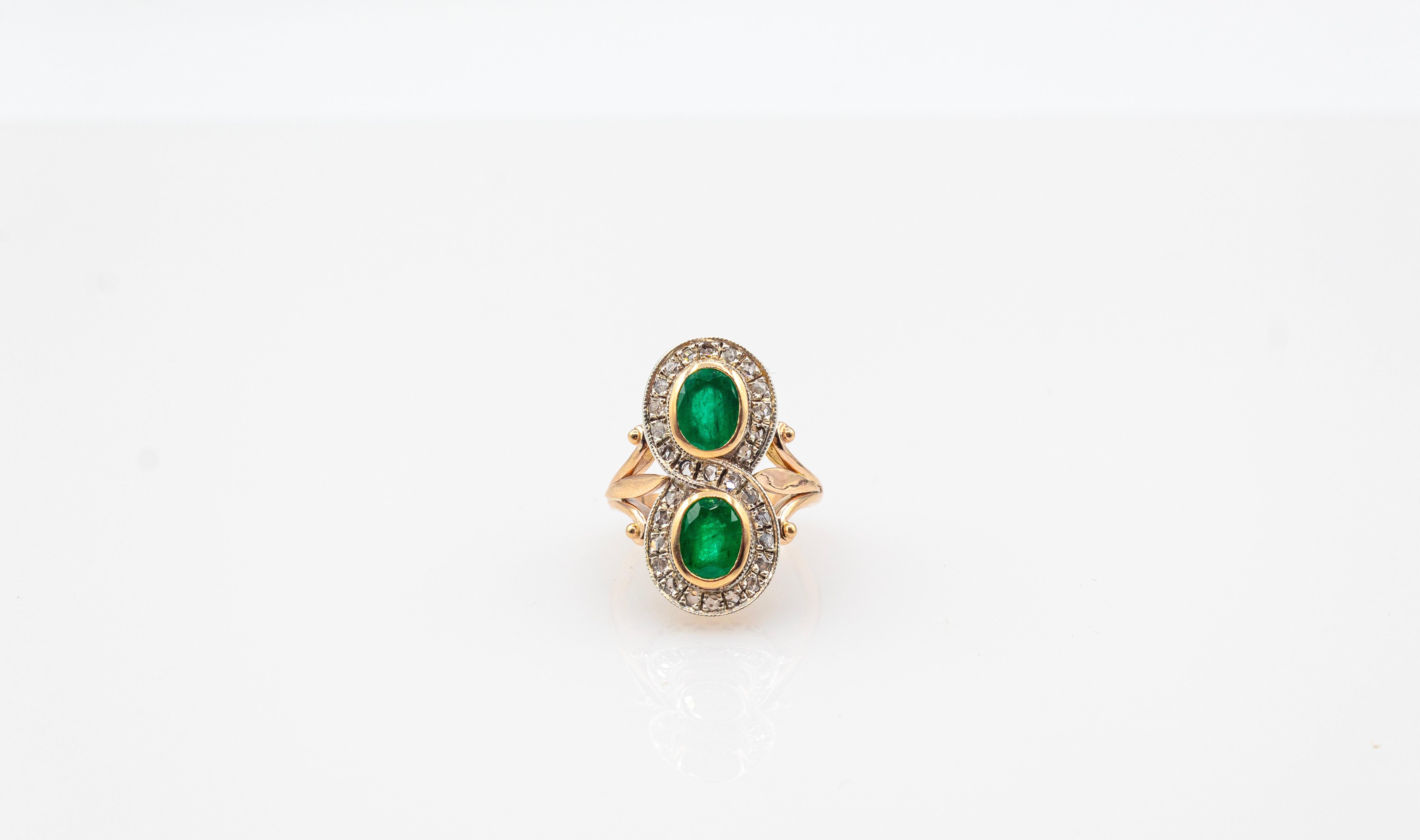 Art Deco Style White Rose Cut Diamond Oval Cut Emerald Yellow Gold Cocktail Ring For Sale 3