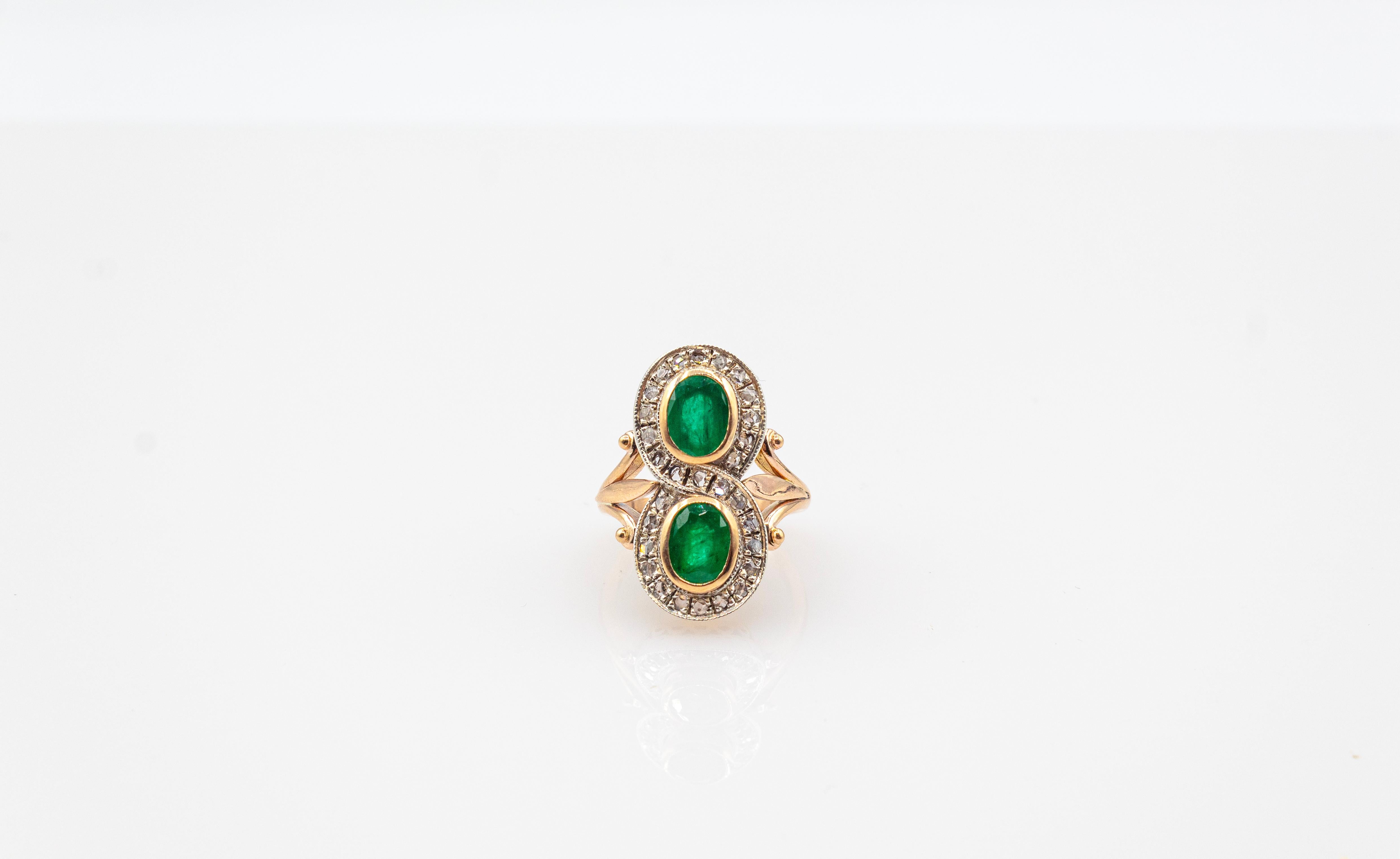 Art Deco Style White Rose Cut Diamond Oval Cut Emerald Yellow Gold Cocktail Ring For Sale 4