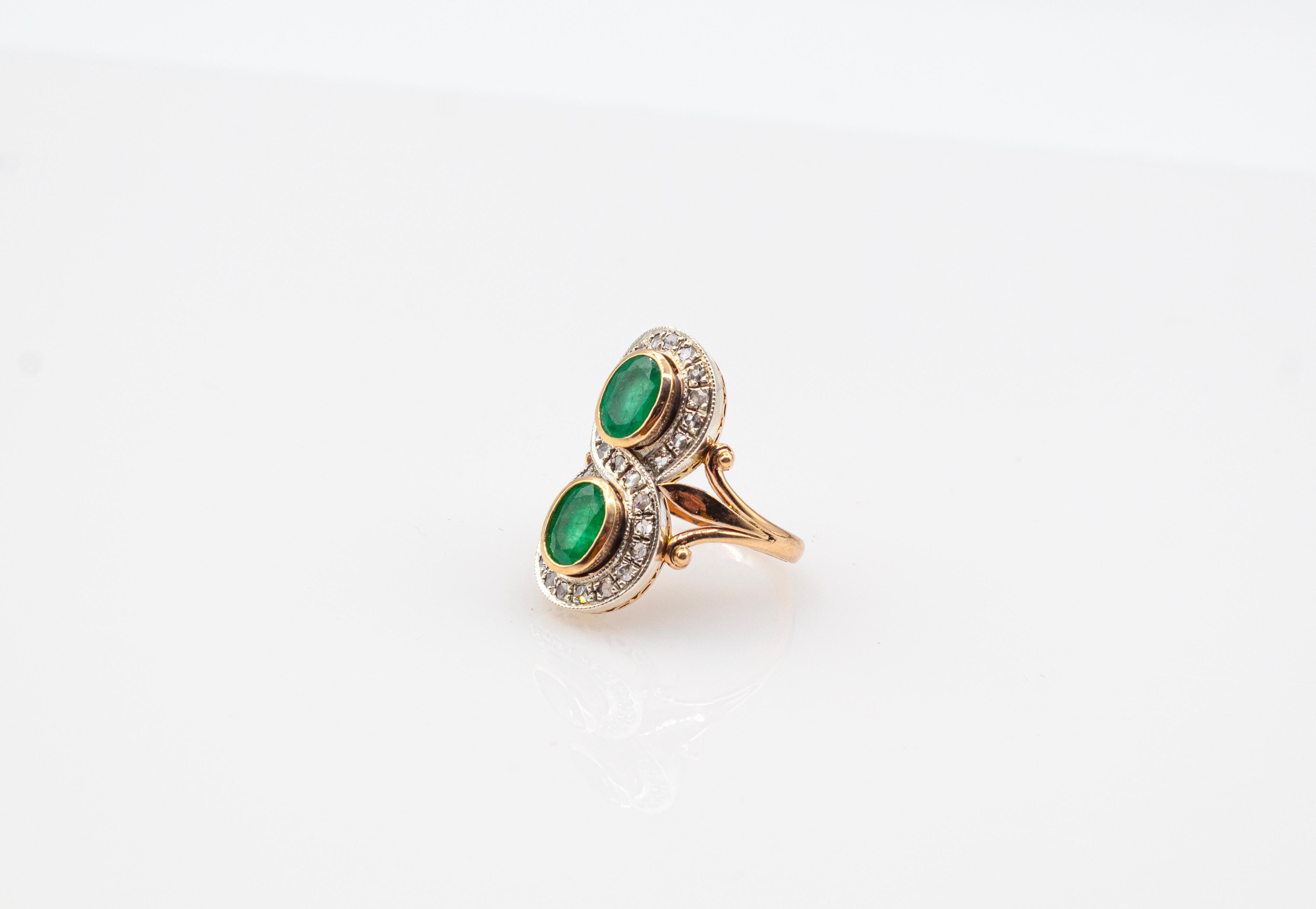 Art Deco Style White Rose Cut Diamond Oval Cut Emerald Yellow Gold Cocktail Ring For Sale 5