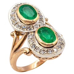 Art Deco Style White Rose Cut Diamond Oval Cut Emerald Yellow Gold Cocktail Ring