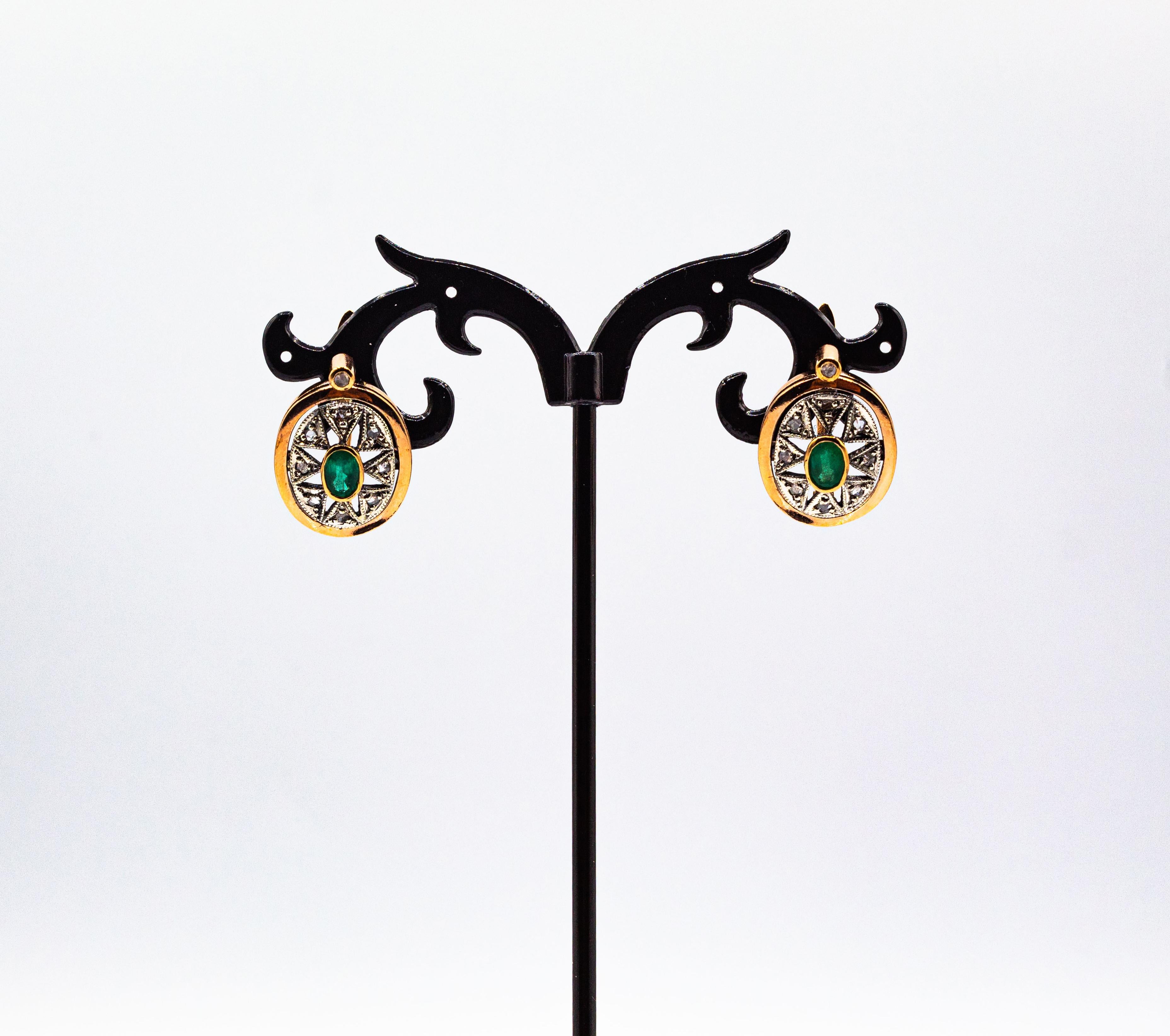Boucles d'oreilles en or jaune de style Art dco avec diamants blancs taille rose et meraudes ovales en vente 4