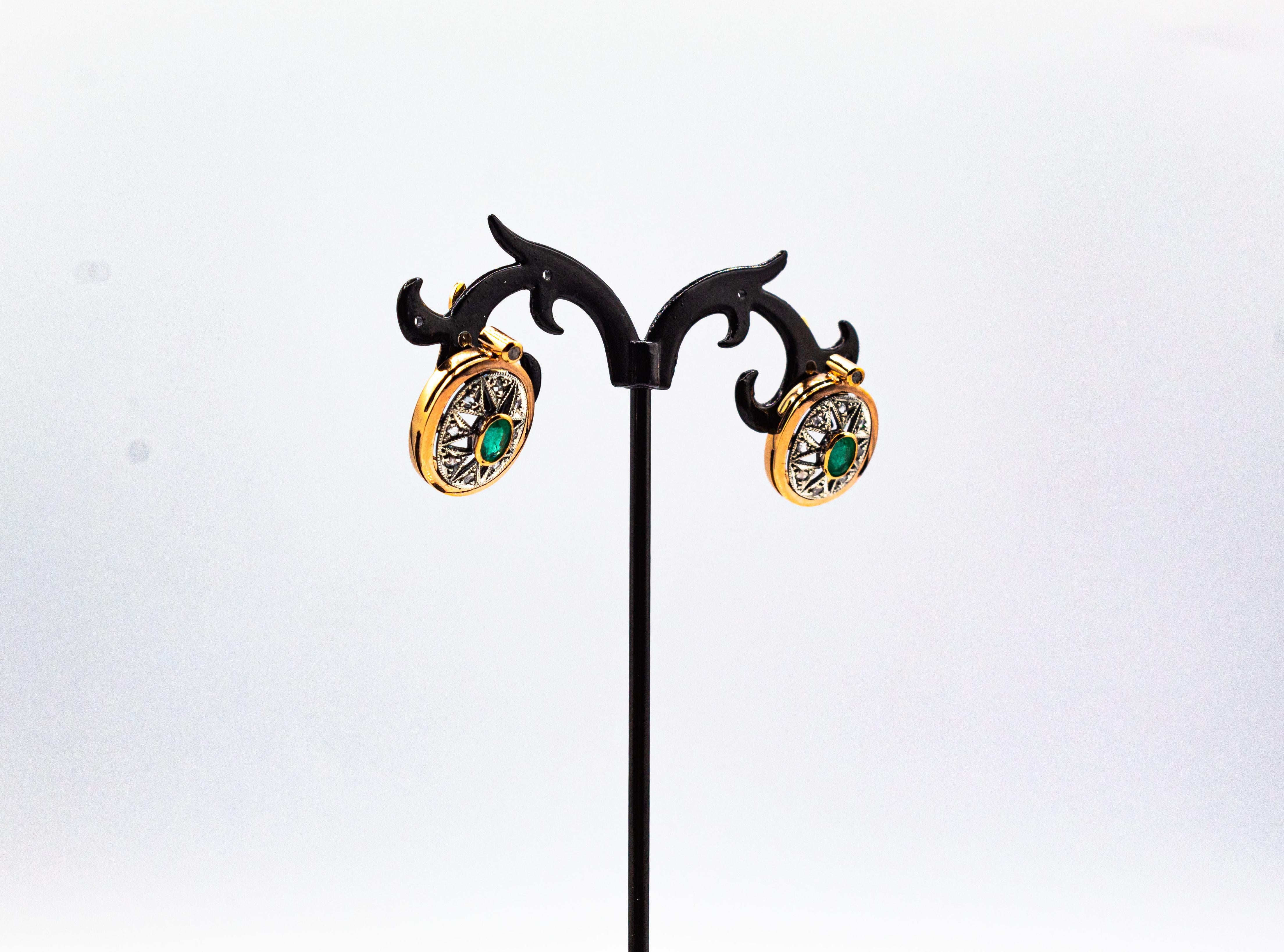 Boucles d'oreilles en or jaune de style Art dco avec diamants blancs taille rose et meraudes ovales en vente 5