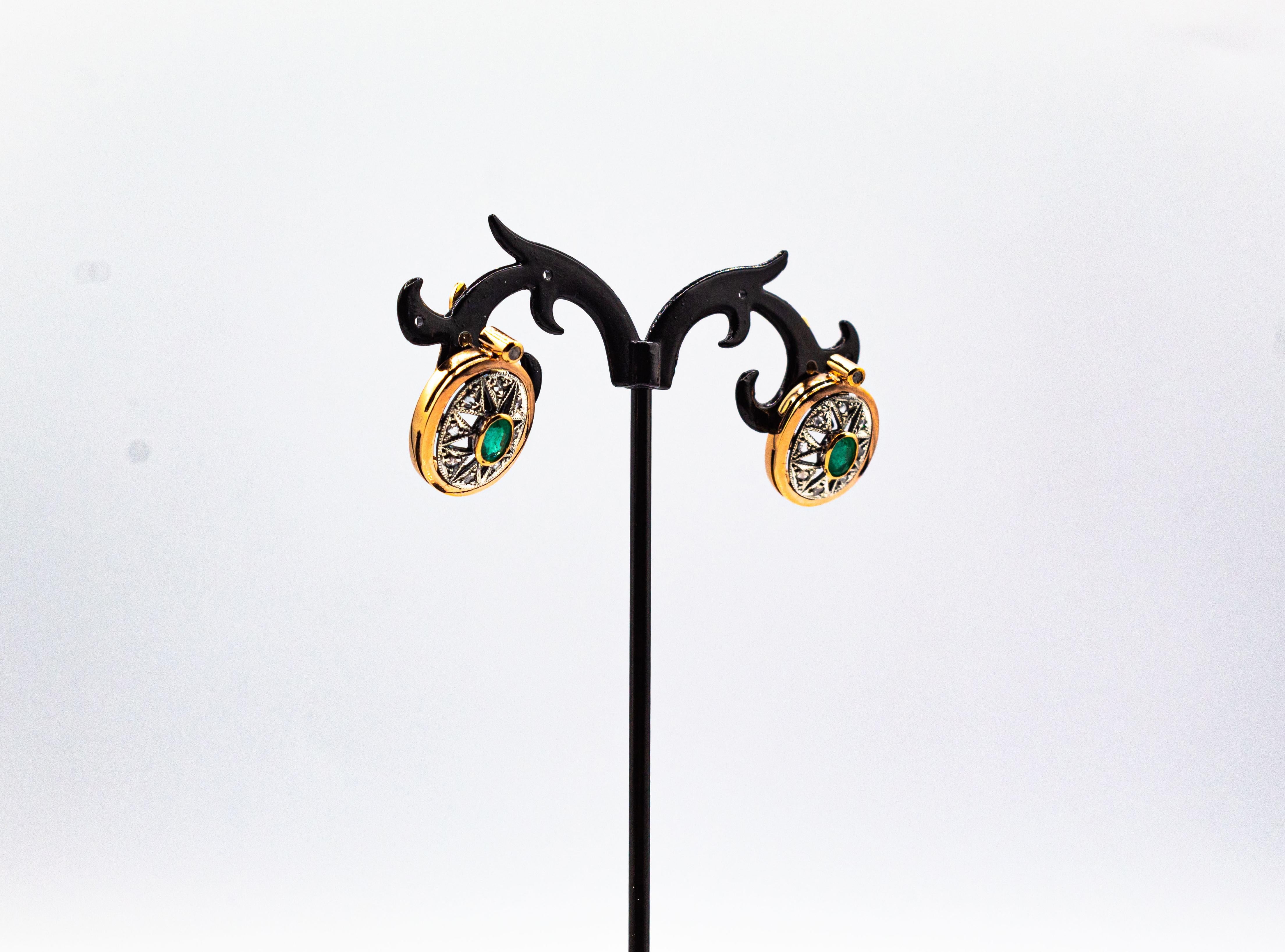 Boucles d'oreilles de style Art déco en or jaune avec diamants blancs taille rose et émeraudes ovales en vente 6