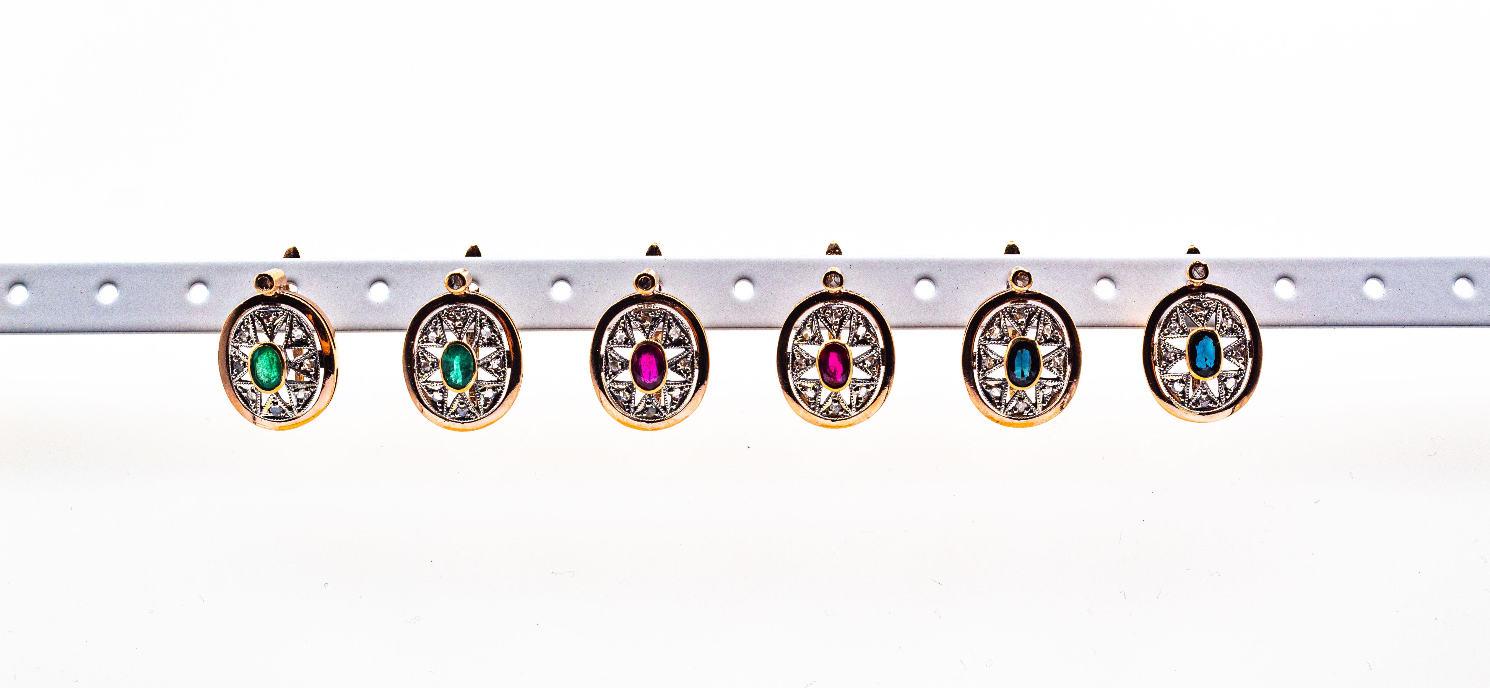 Boucles d'oreilles de style Art déco en or jaune avec diamants blancs taille rose et émeraudes ovales Neuf - En vente à Naples, IT