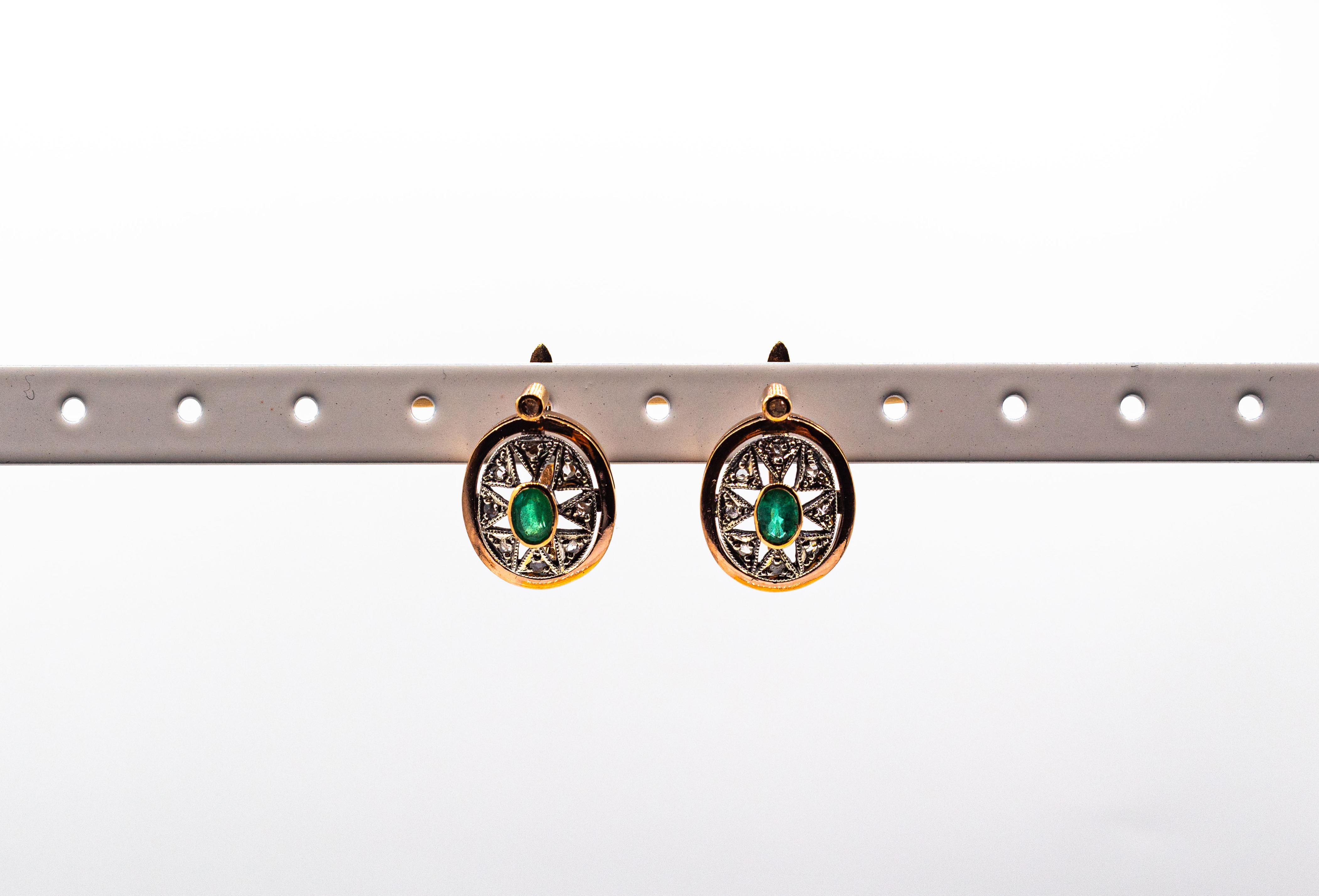Art Deco Style White Rose Cut Diamond Oval Cut Emerald Yellow Gold Earrings For Sale 2