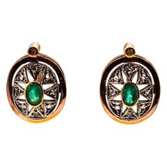 Gelbgold-Ohrringe im Art dco-Stil mit weiem Smaragd im Rosenschliff und Diamant im Ovalschliff