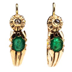 Art Deco Style White Rose Cut Diamond Oval Cut Emerald Yellow Gold Earrings