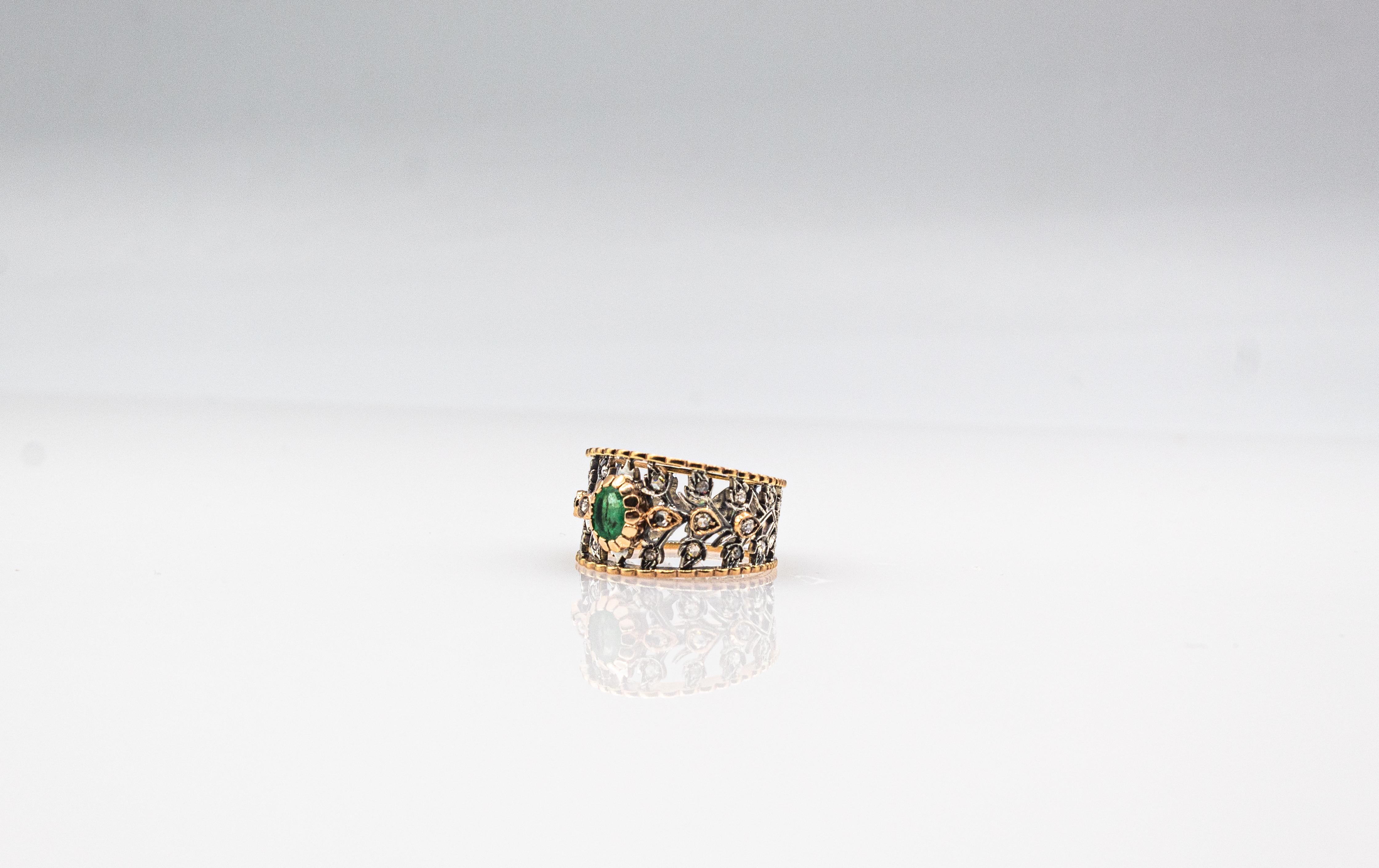 Bague en or jaune de style Art Déco, diamant blanc taillé en rose, émeraude taillée en ovale en vente 4