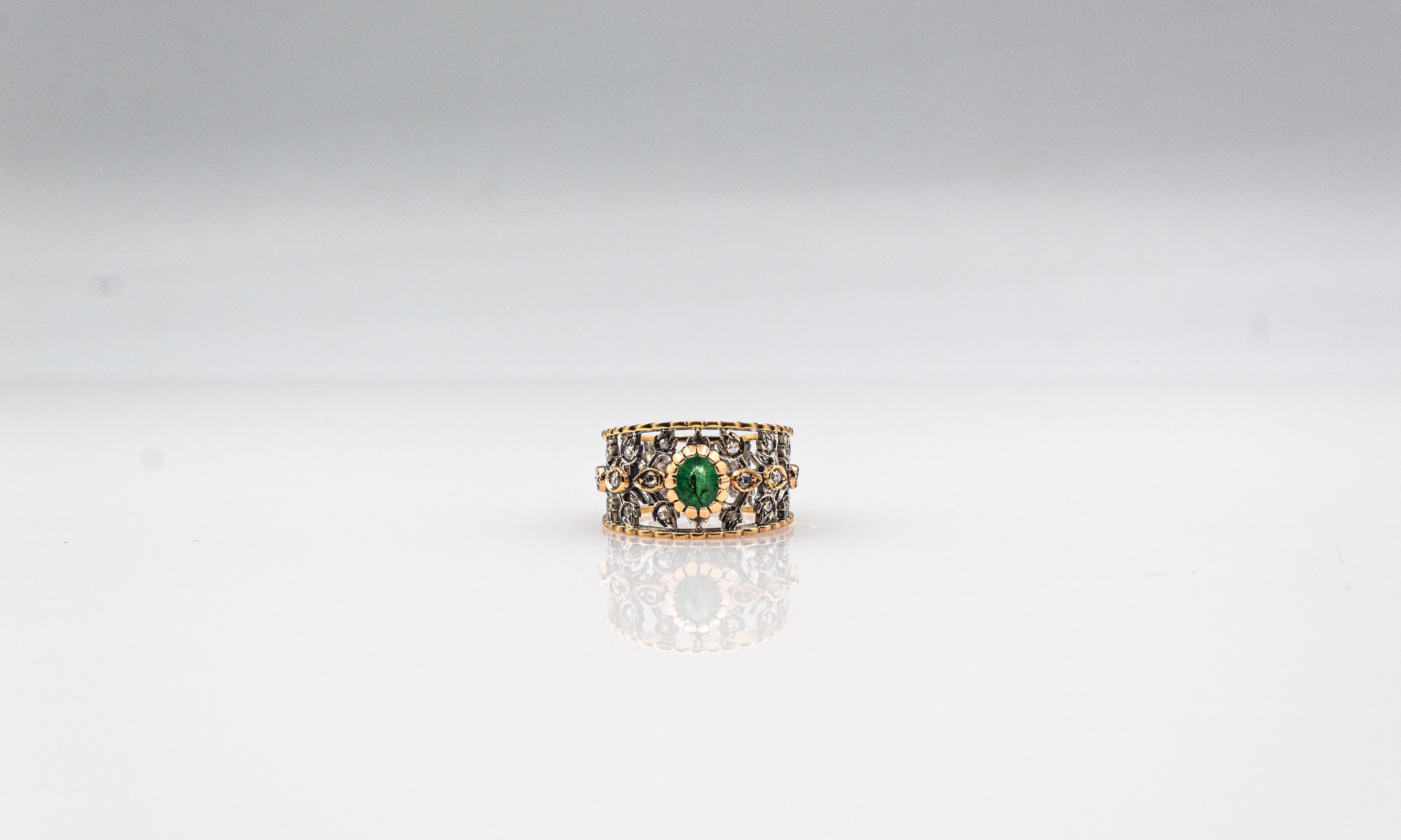 Art Deco Style White Rose Cut Diamond Oval Cut Emerald Yellow Gold Ring For Sale 3