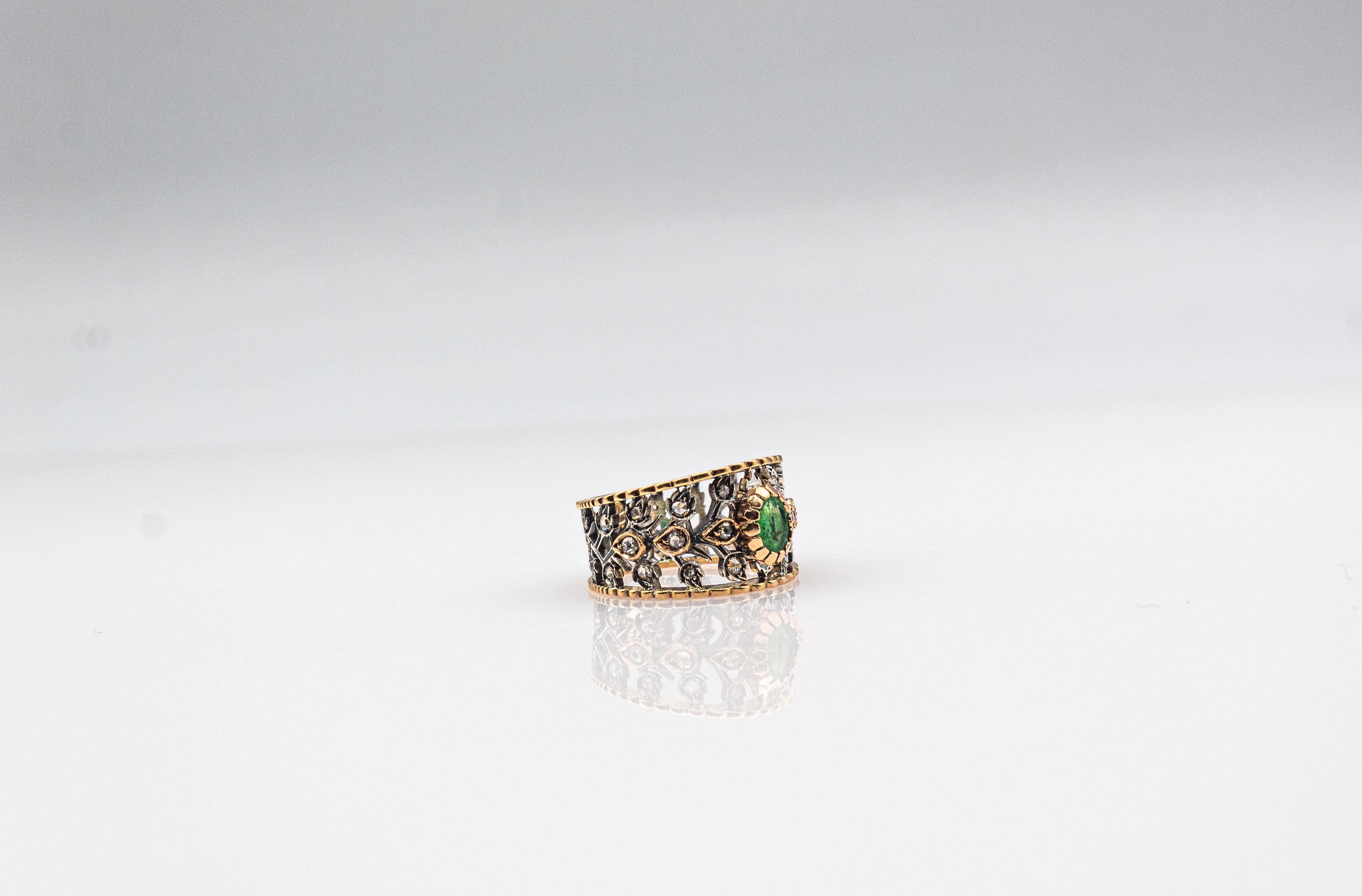 Bague en or jaune de style Art Déco, diamant blanc taillé en rose, émeraude taillée en ovale en vente 2