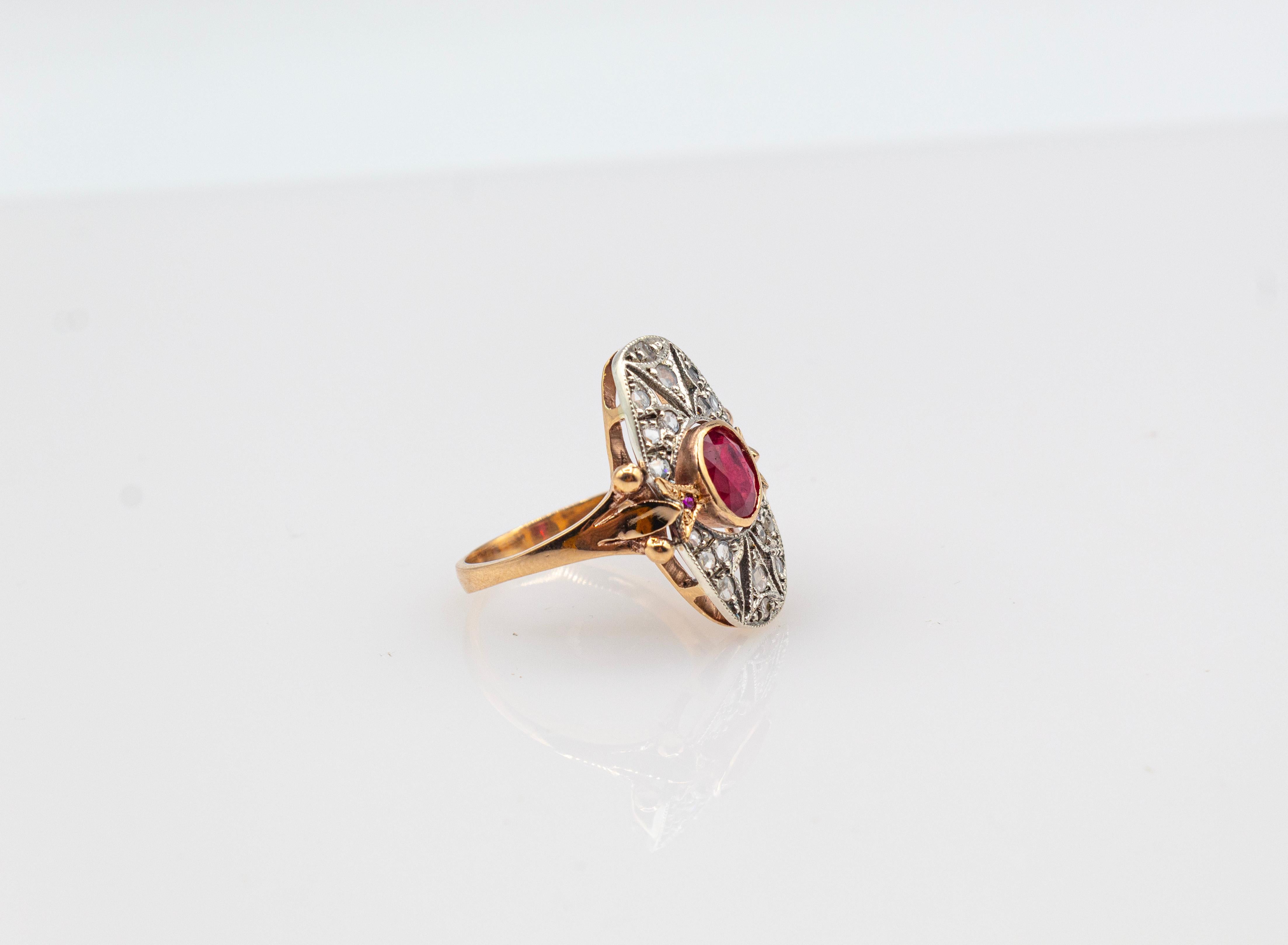 Art Deco Style White Rose Cut Diamond Oval Cut Ruby Yellow Gold Cocktail Ring For Sale 6