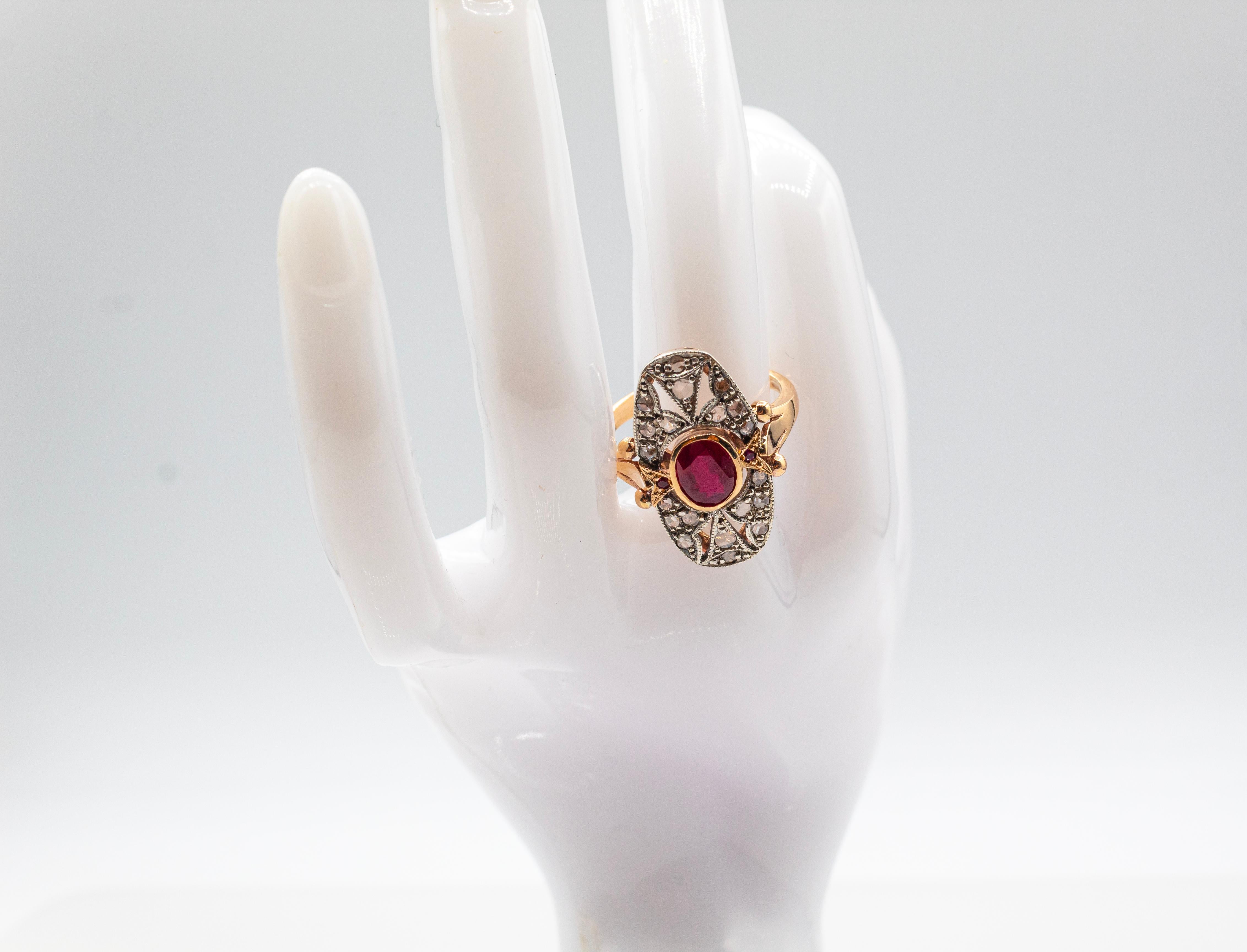 Art Deco Style White Rose Cut Diamond Oval Cut Ruby Yellow Gold Cocktail Ring 7