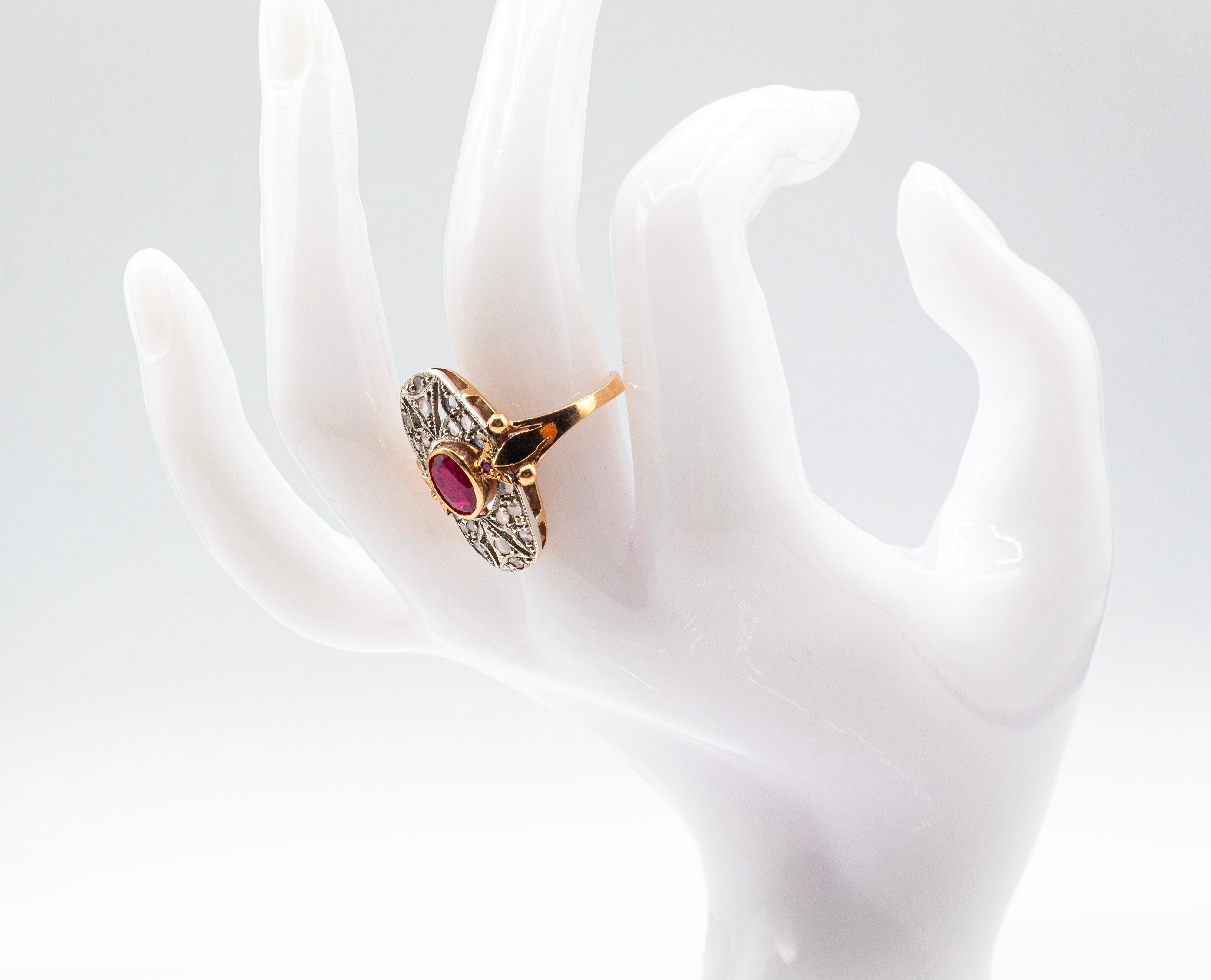 Art Deco Style White Rose Cut Diamond Oval Cut Ruby Yellow Gold Cocktail Ring For Sale 8