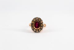 Art Deco Style White Rose Cut Diamond Oval Cut Ruby Yellow Gold Cocktail Ring