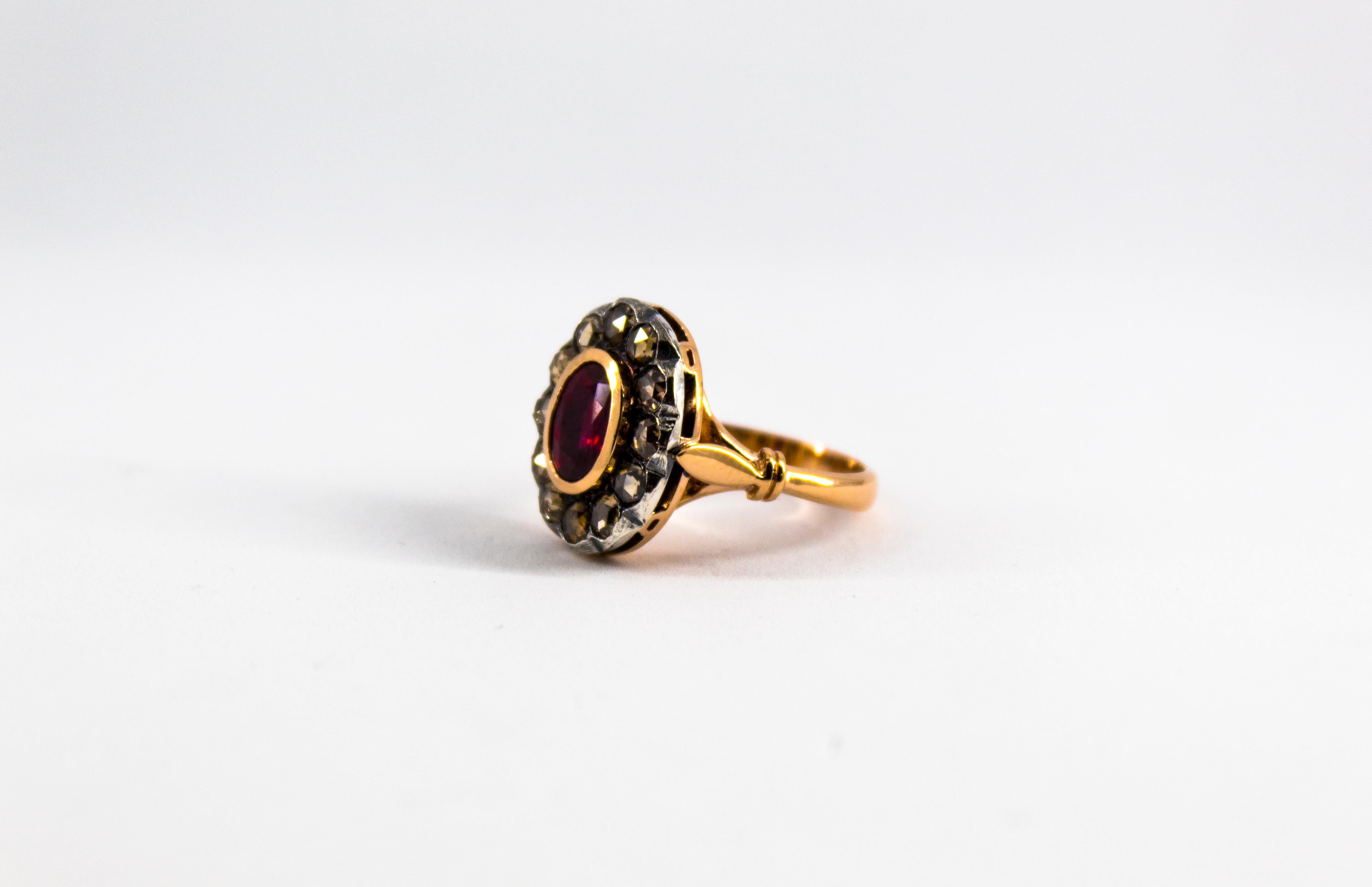 Art Deco Style White Rose Cut Diamond Oval Cut Ruby Yellow Gold Cocktail Ring In New Condition In Naples, IT