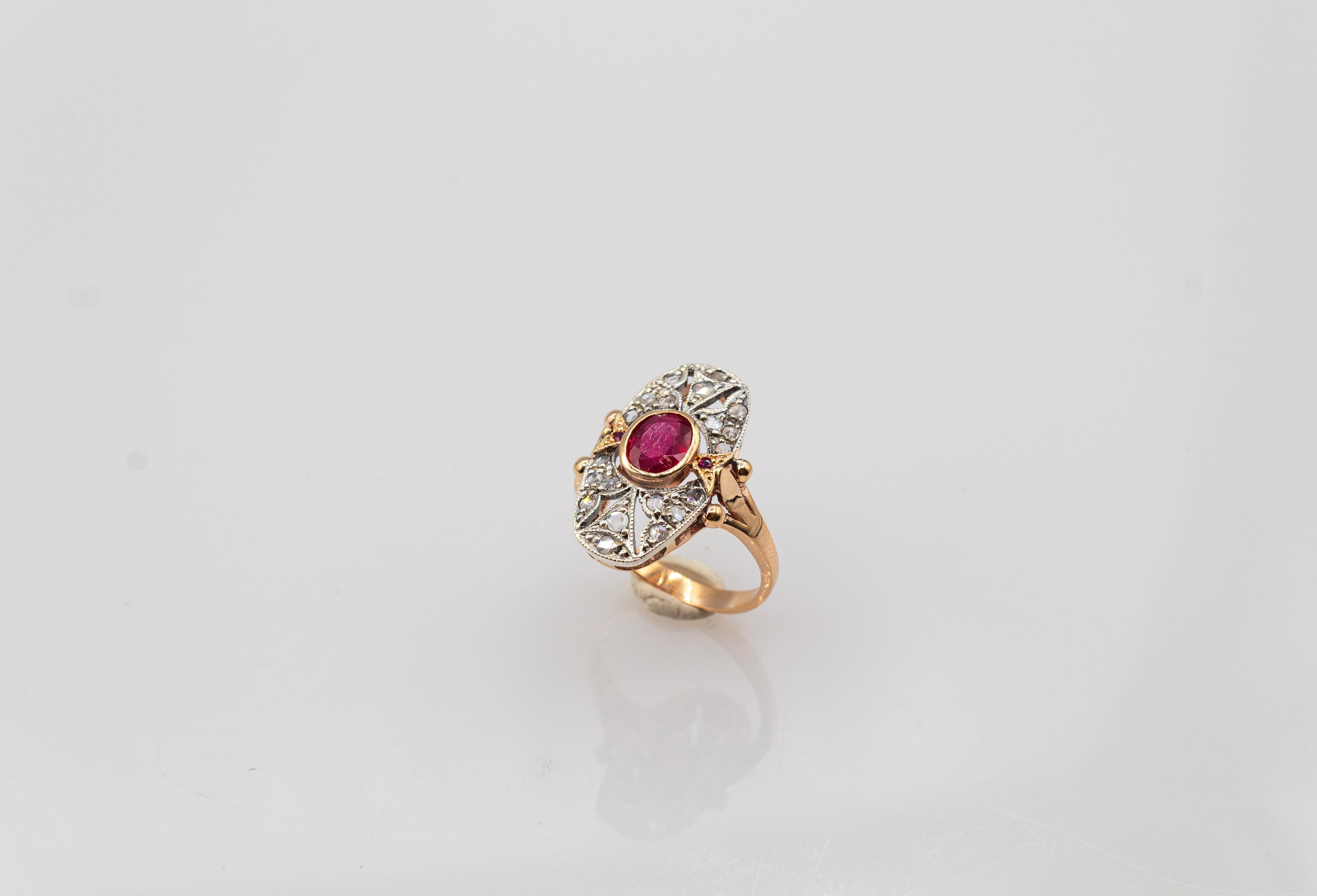 Art Deco Style White Rose Cut Diamond Oval Cut Ruby Yellow Gold Cocktail Ring In New Condition For Sale In Naples, IT