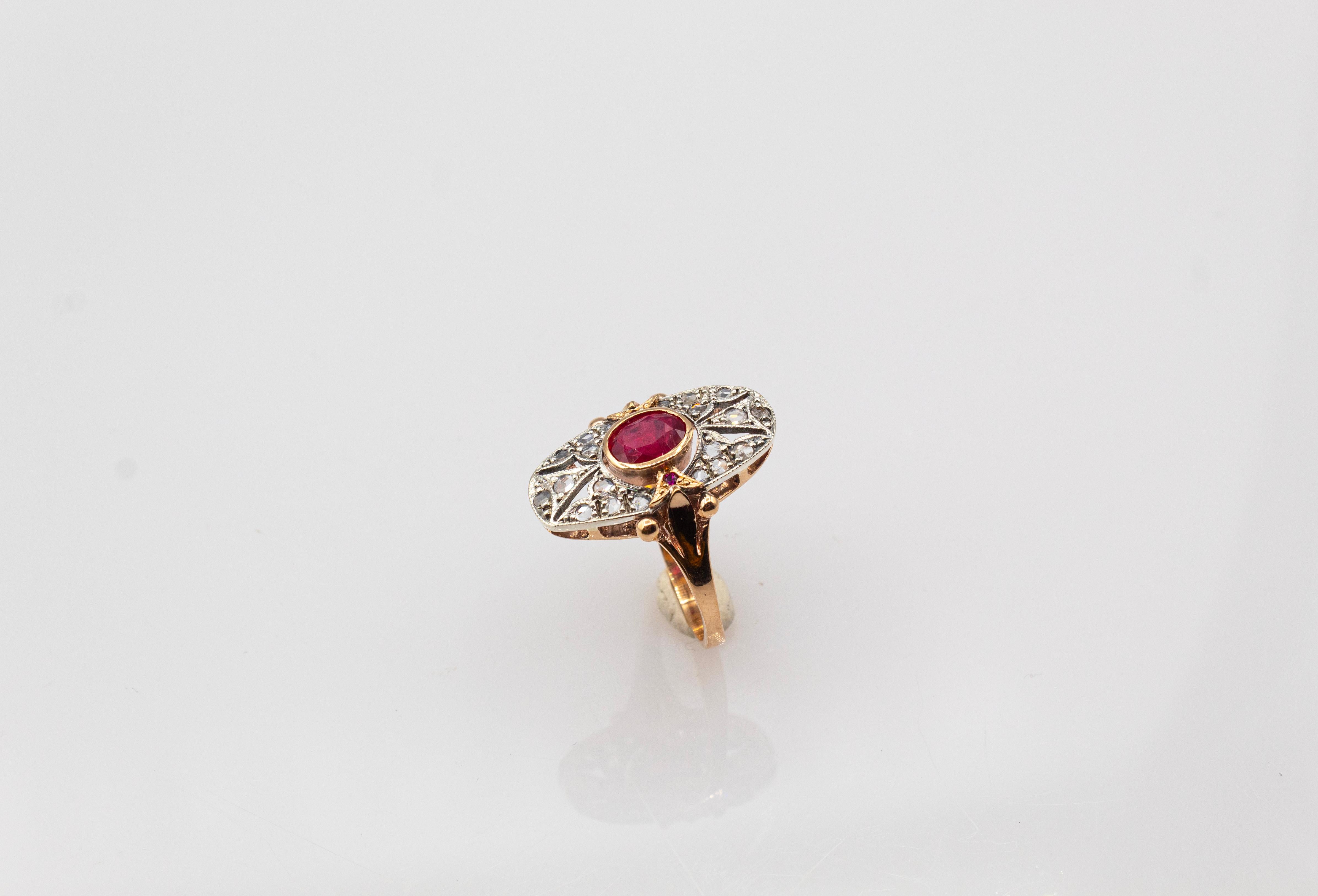 Women's or Men's Art Deco Style White Rose Cut Diamond Oval Cut Ruby Yellow Gold Cocktail Ring For Sale