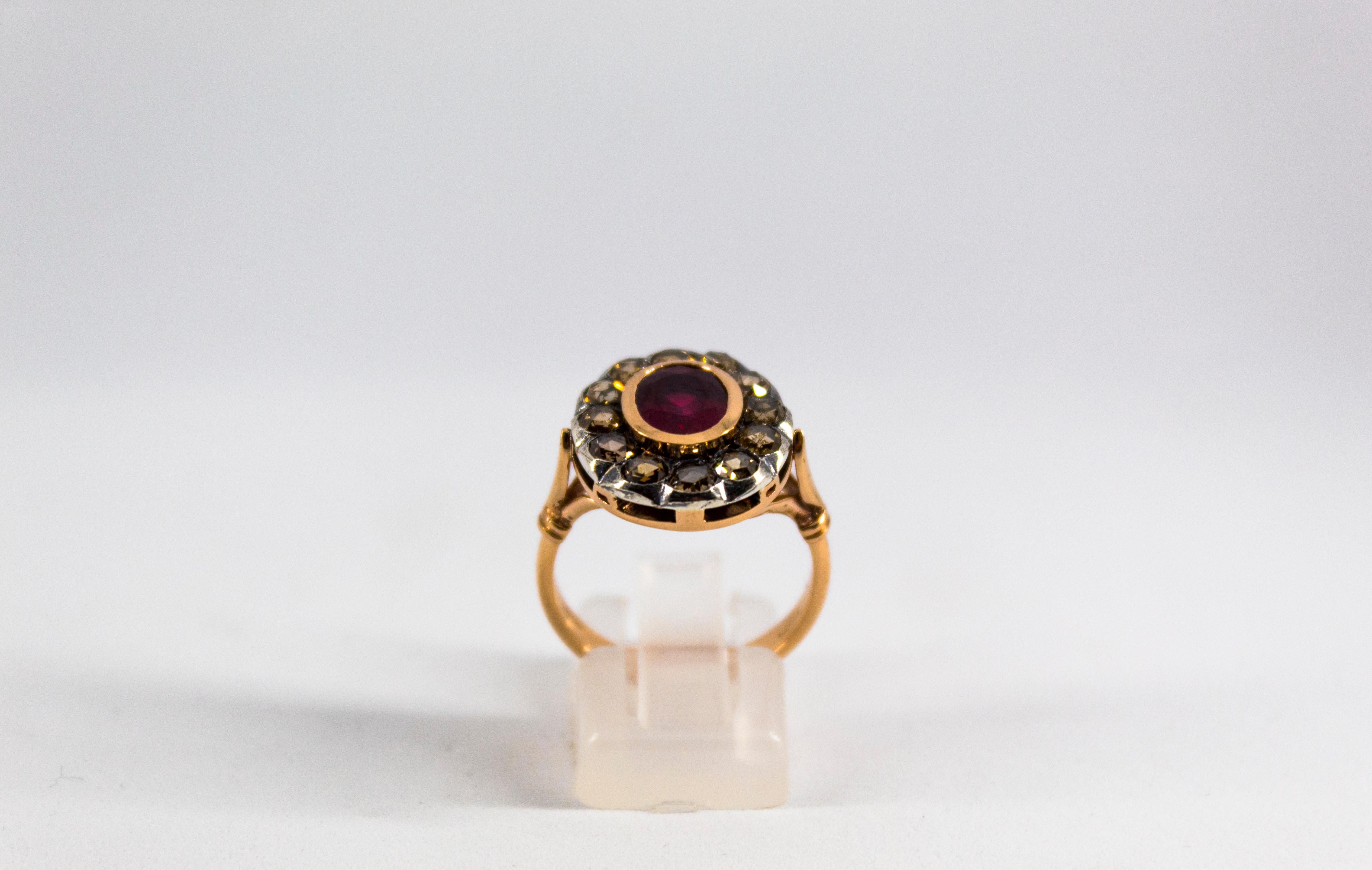 Art Deco Style White Rose Cut Diamond Oval Cut Ruby Yellow Gold Cocktail Ring 1