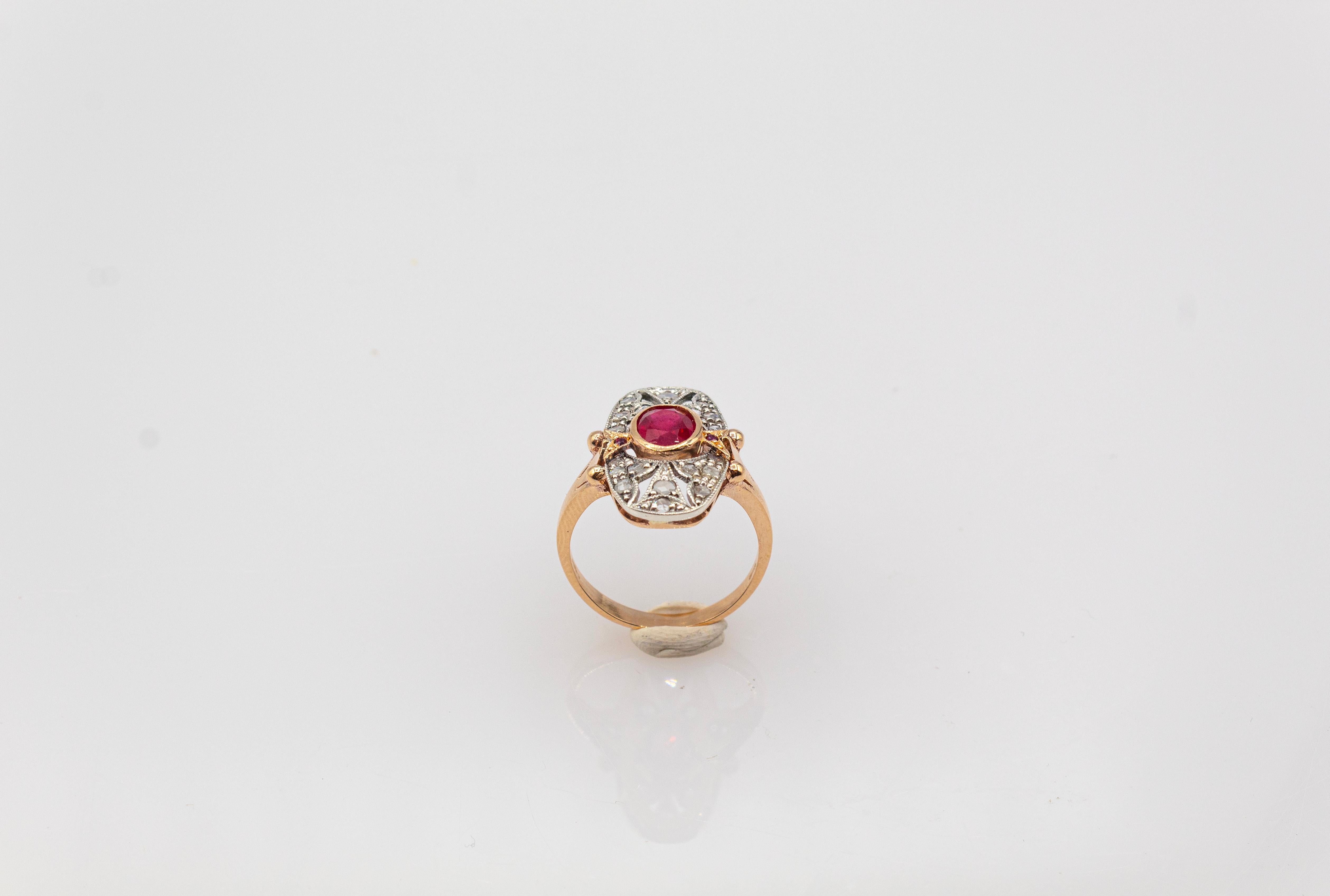 Art Deco Style White Rose Cut Diamond Oval Cut Ruby Yellow Gold Cocktail Ring For Sale 1
