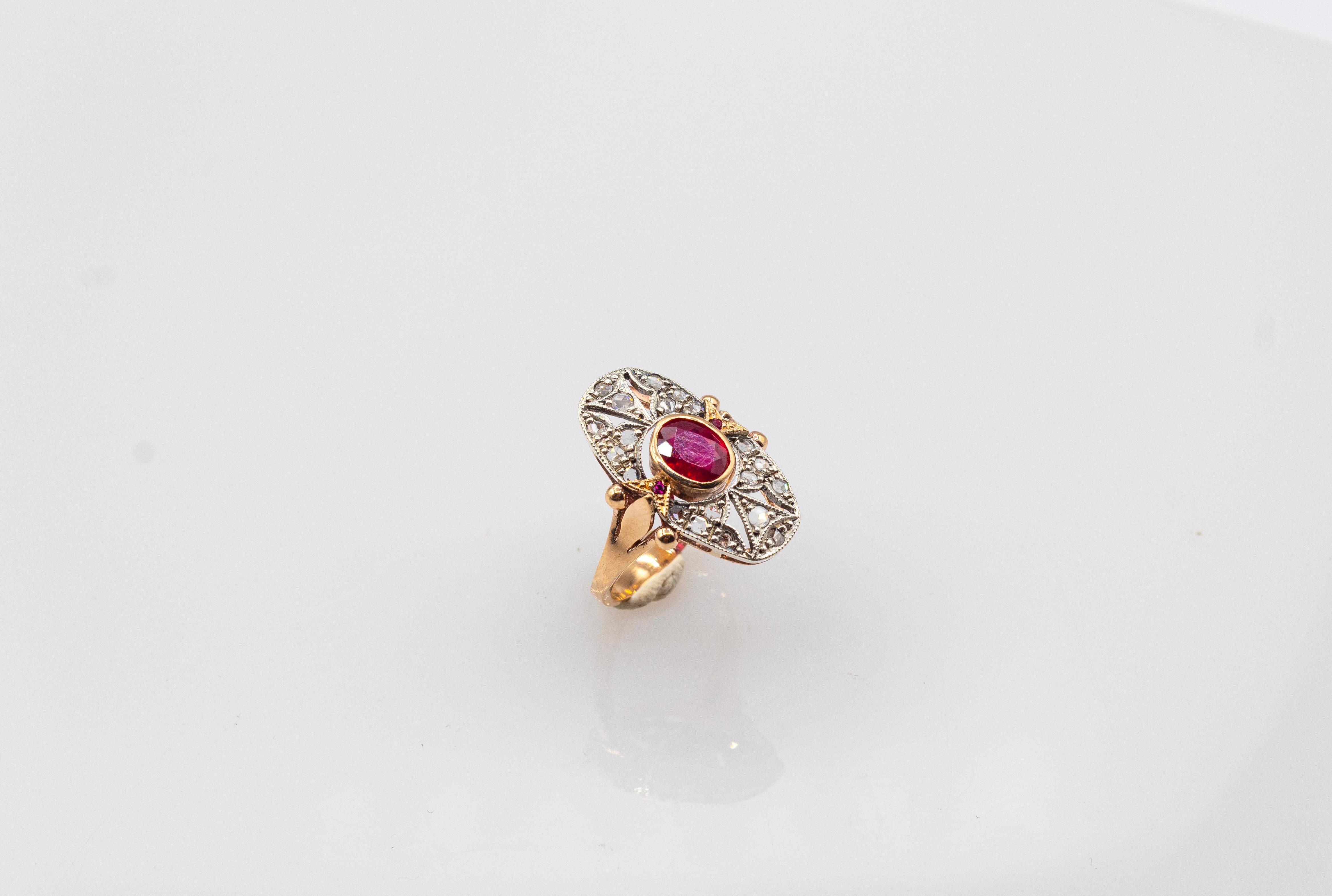 Art Deco Style White Rose Cut Diamond Oval Cut Ruby Yellow Gold Cocktail Ring For Sale 2