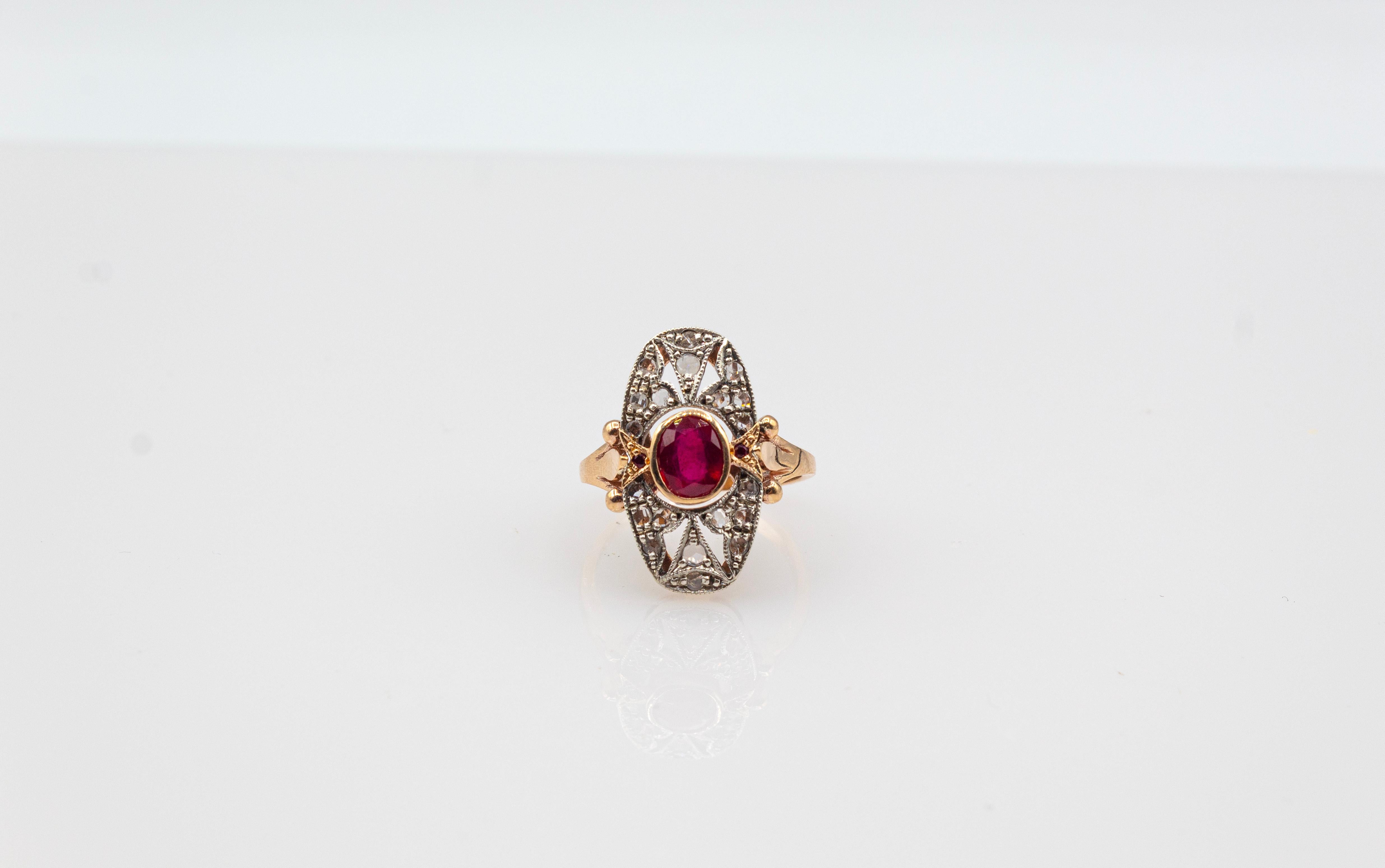 Art Deco Style White Rose Cut Diamond Oval Cut Ruby Yellow Gold Cocktail Ring For Sale 3