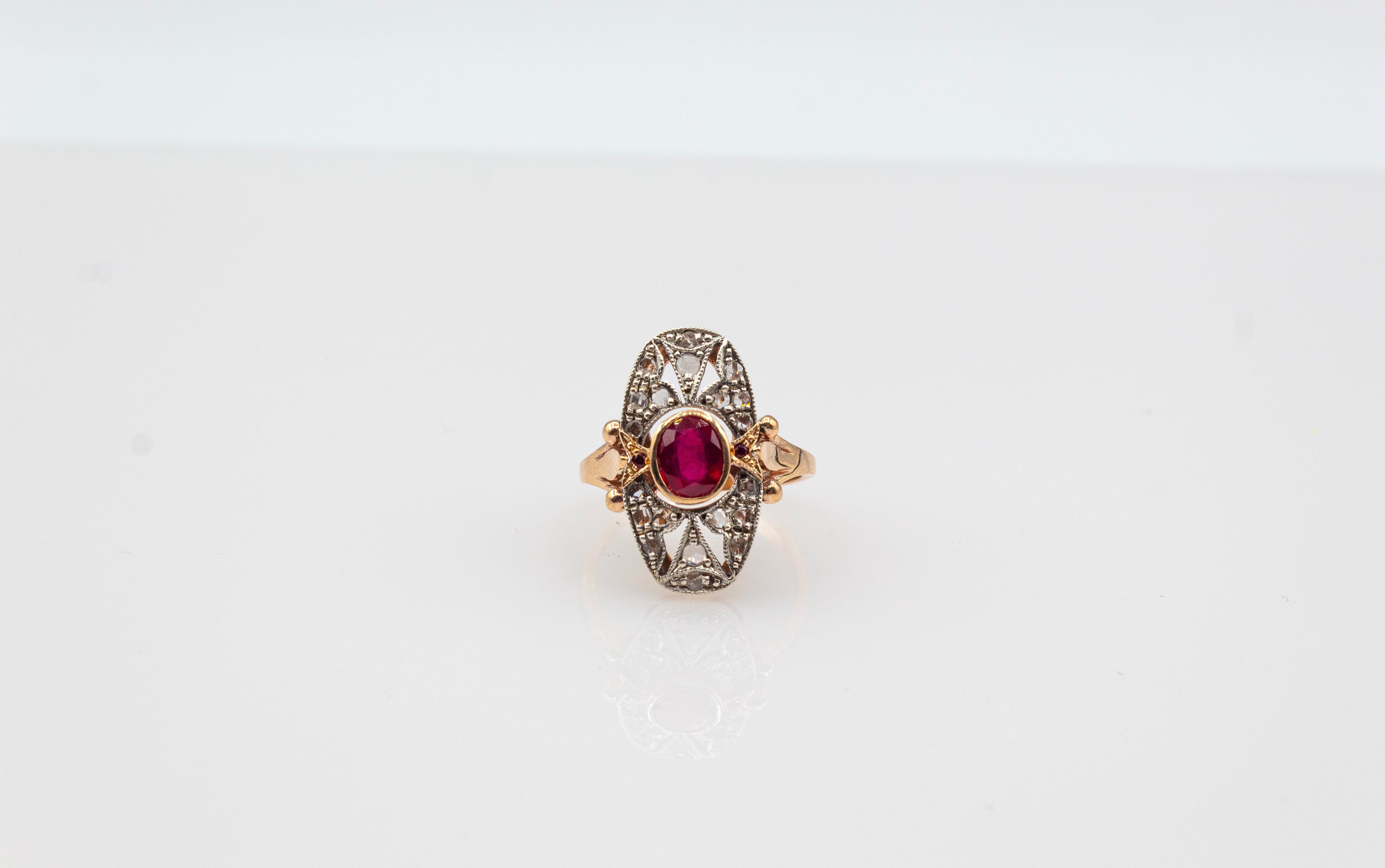 Art Deco Style White Rose Cut Diamond Oval Cut Ruby Yellow Gold Cocktail Ring 3