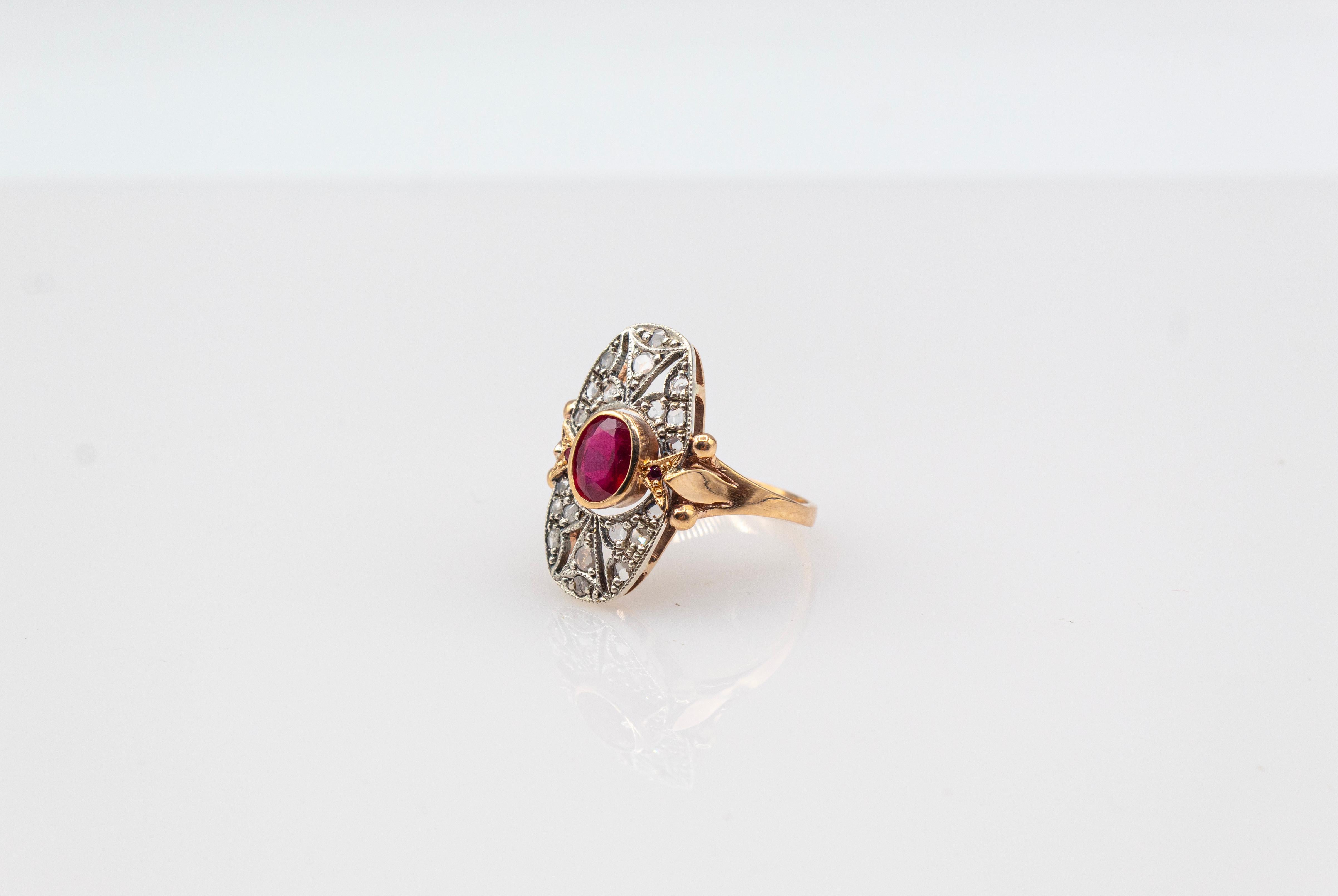 Art Deco Style White Rose Cut Diamond Oval Cut Ruby Yellow Gold Cocktail Ring 4