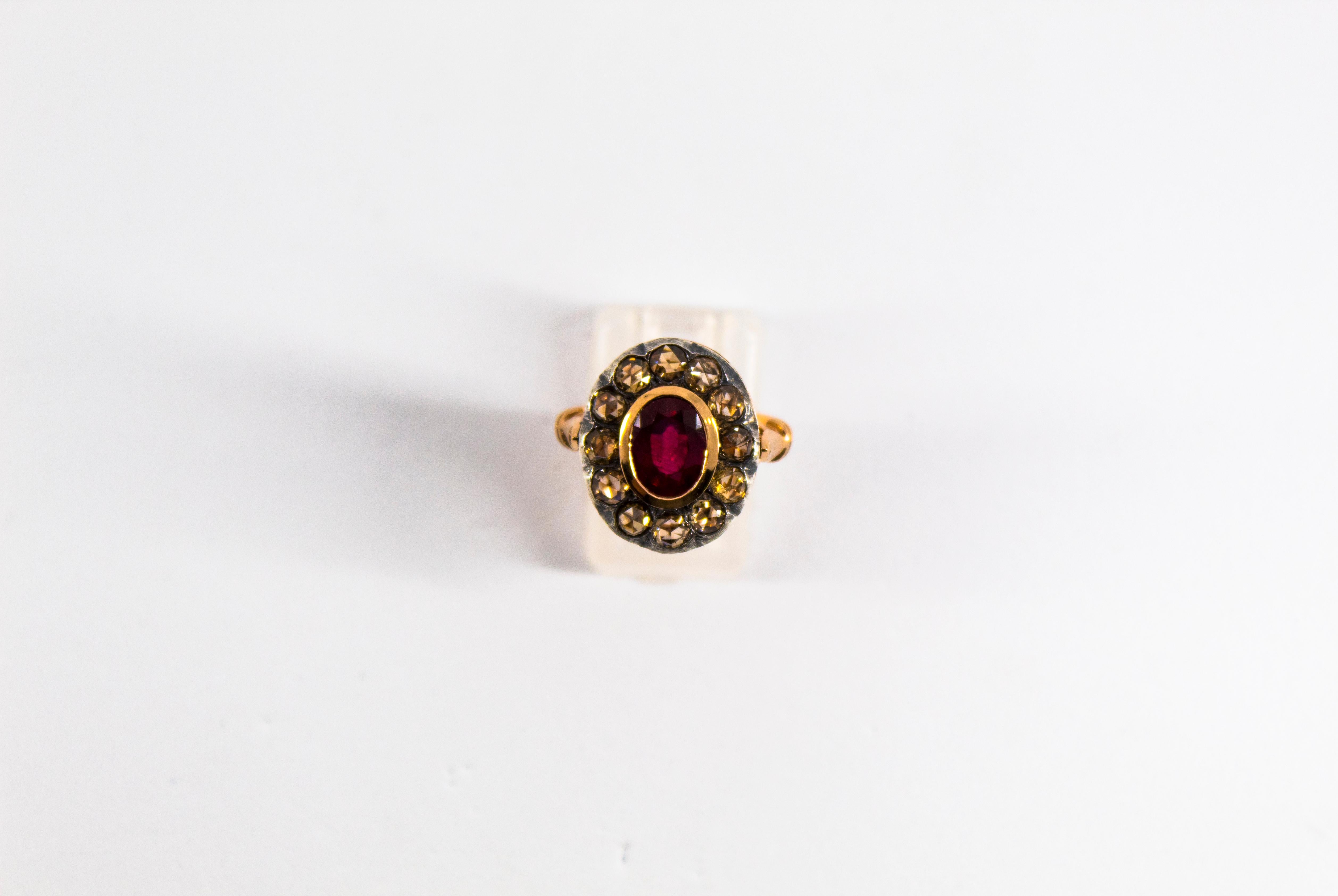 Art Deco Style White Rose Cut Diamond Oval Cut Ruby Yellow Gold Cocktail Ring 5