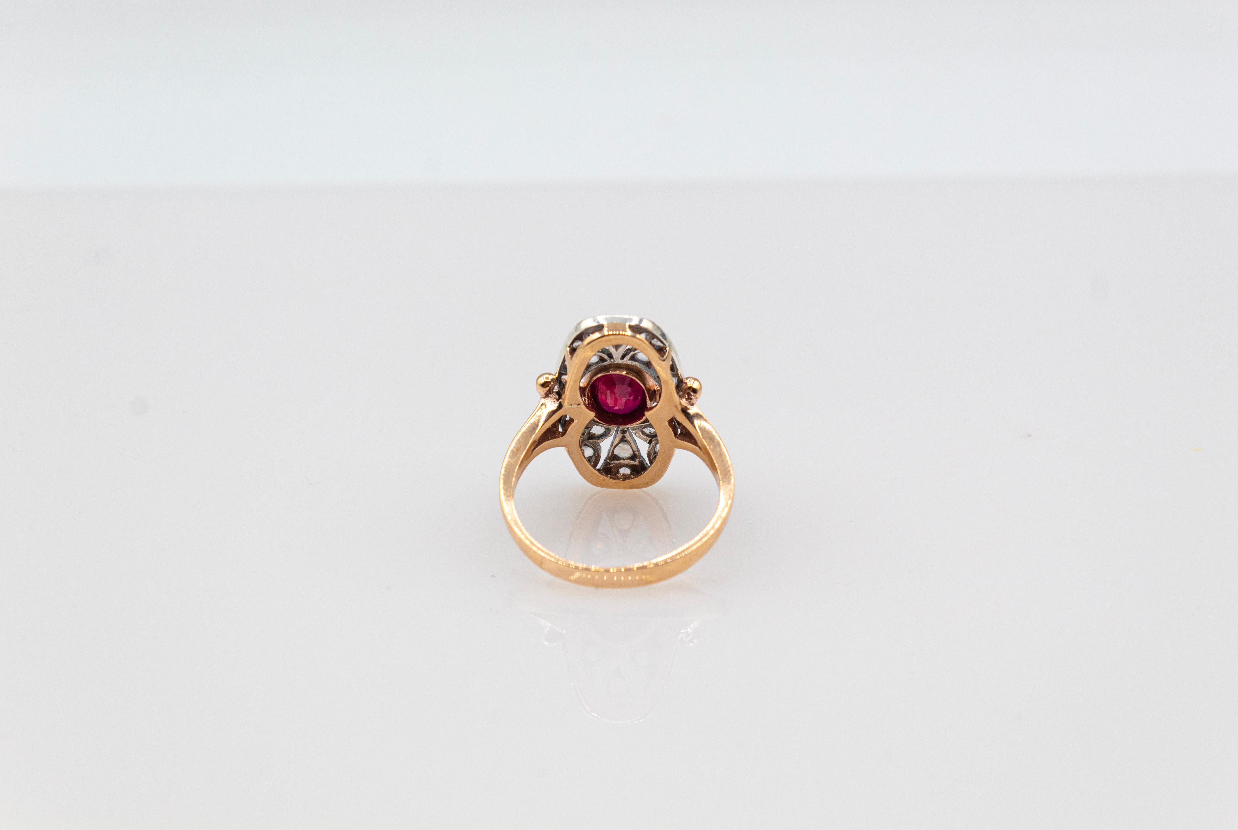 Art Deco Style White Rose Cut Diamond Oval Cut Ruby Yellow Gold Cocktail Ring For Sale 5