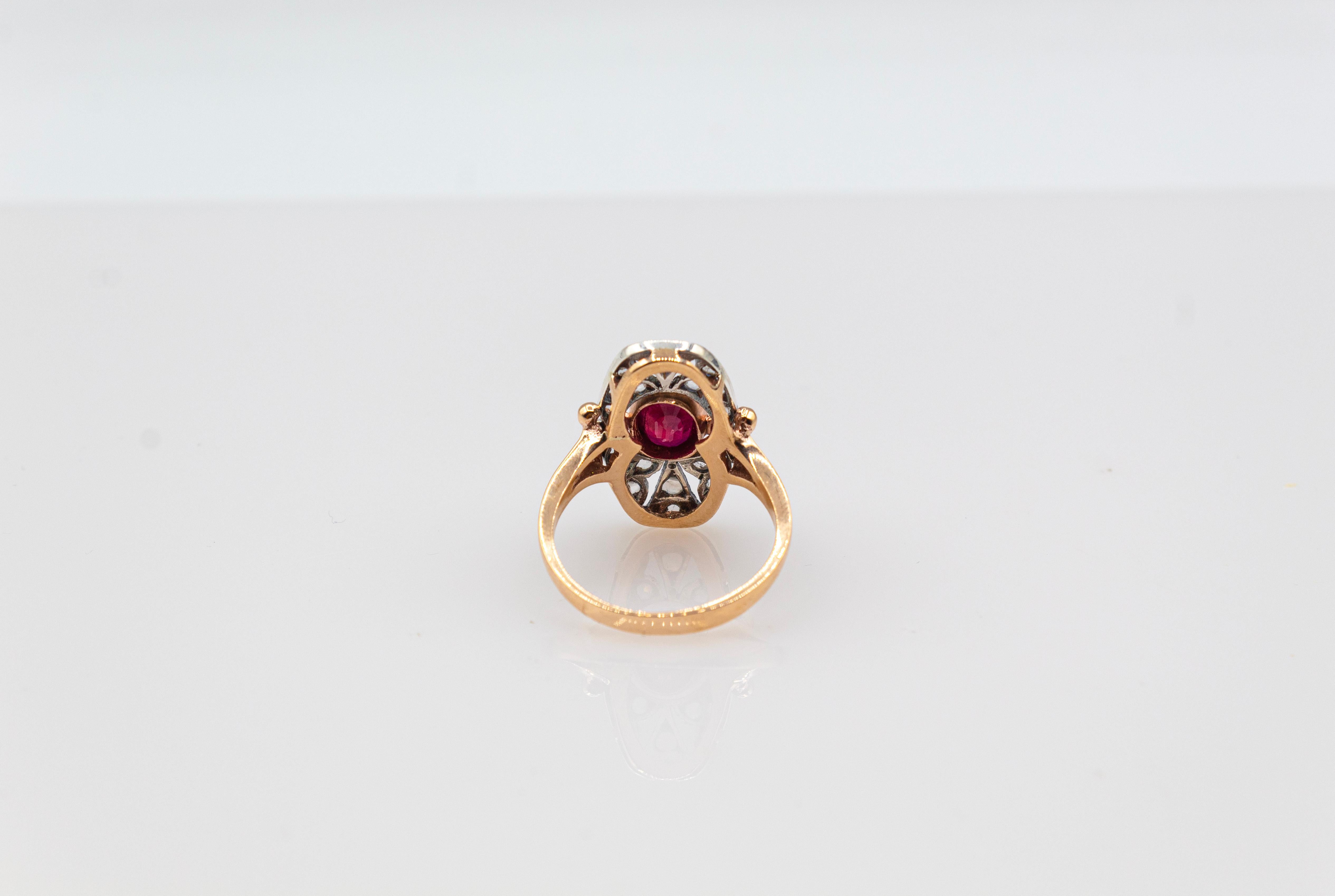 Art Deco Style White Rose Cut Diamond Oval Cut Ruby Yellow Gold Cocktail Ring For Sale 5