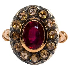 Vintage Art Deco Style White Rose Cut Diamond Oval Cut Ruby Yellow Gold Cocktail Ring