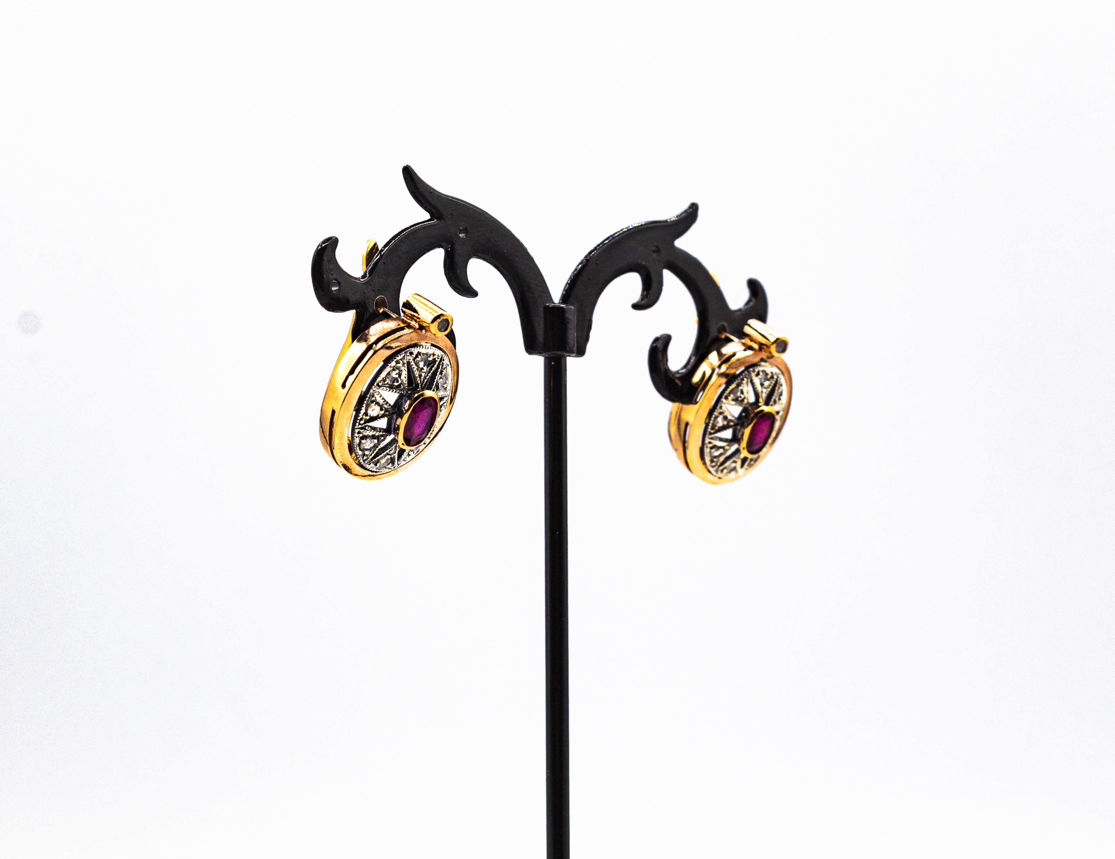 Pendants d'oreilles en or jaune de style Art déco avec diamants blancs taille rose et rubis taille ovale en vente 5