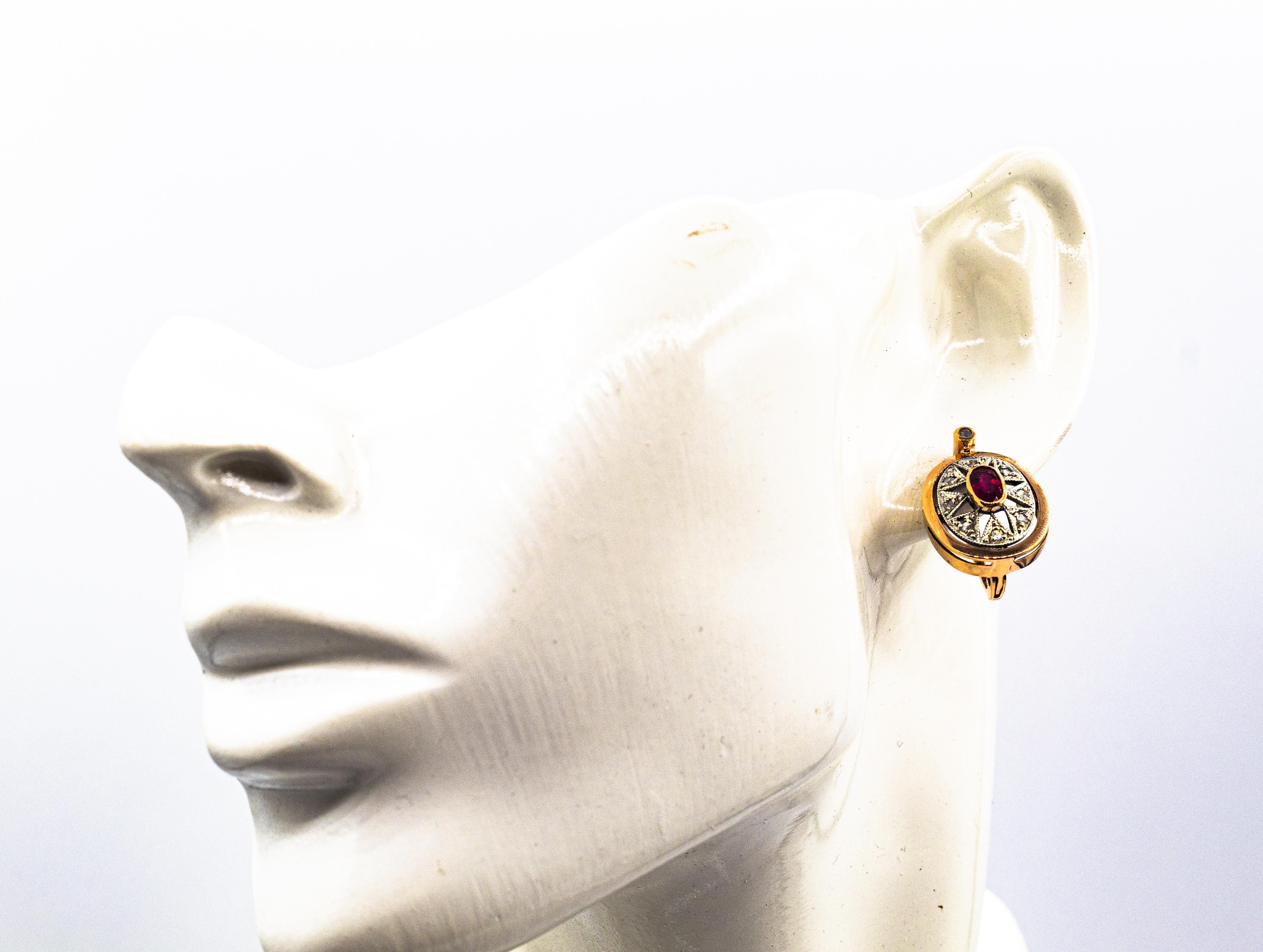 Pendants d'oreilles en or jaune de style Art déco avec diamants blancs taille rose et rubis taille ovale en vente 6