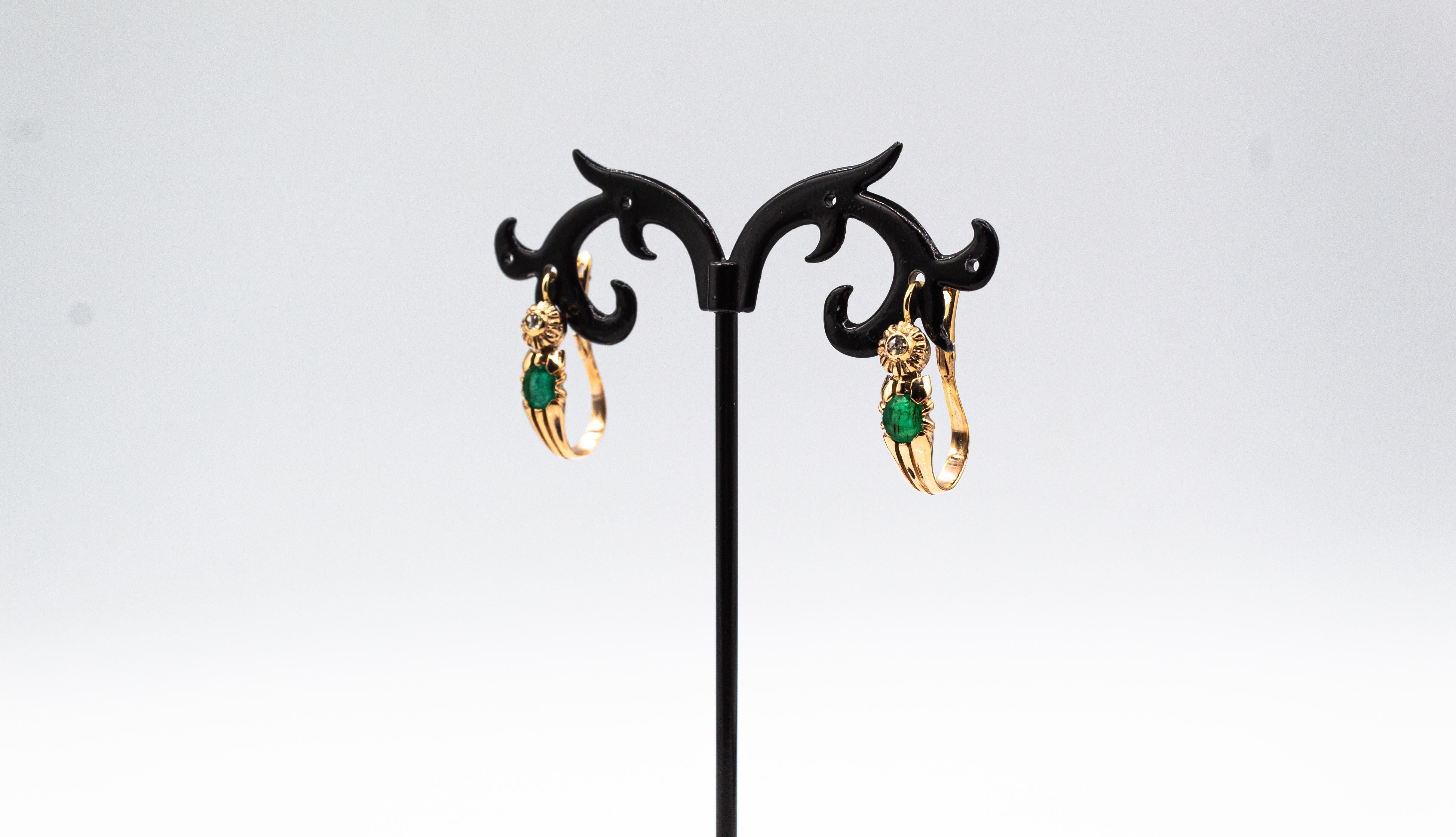 Art Deco Style White Rose Cut Diamond Oval Cut Ruby Yellow Gold Dangle Earrings For Sale 7