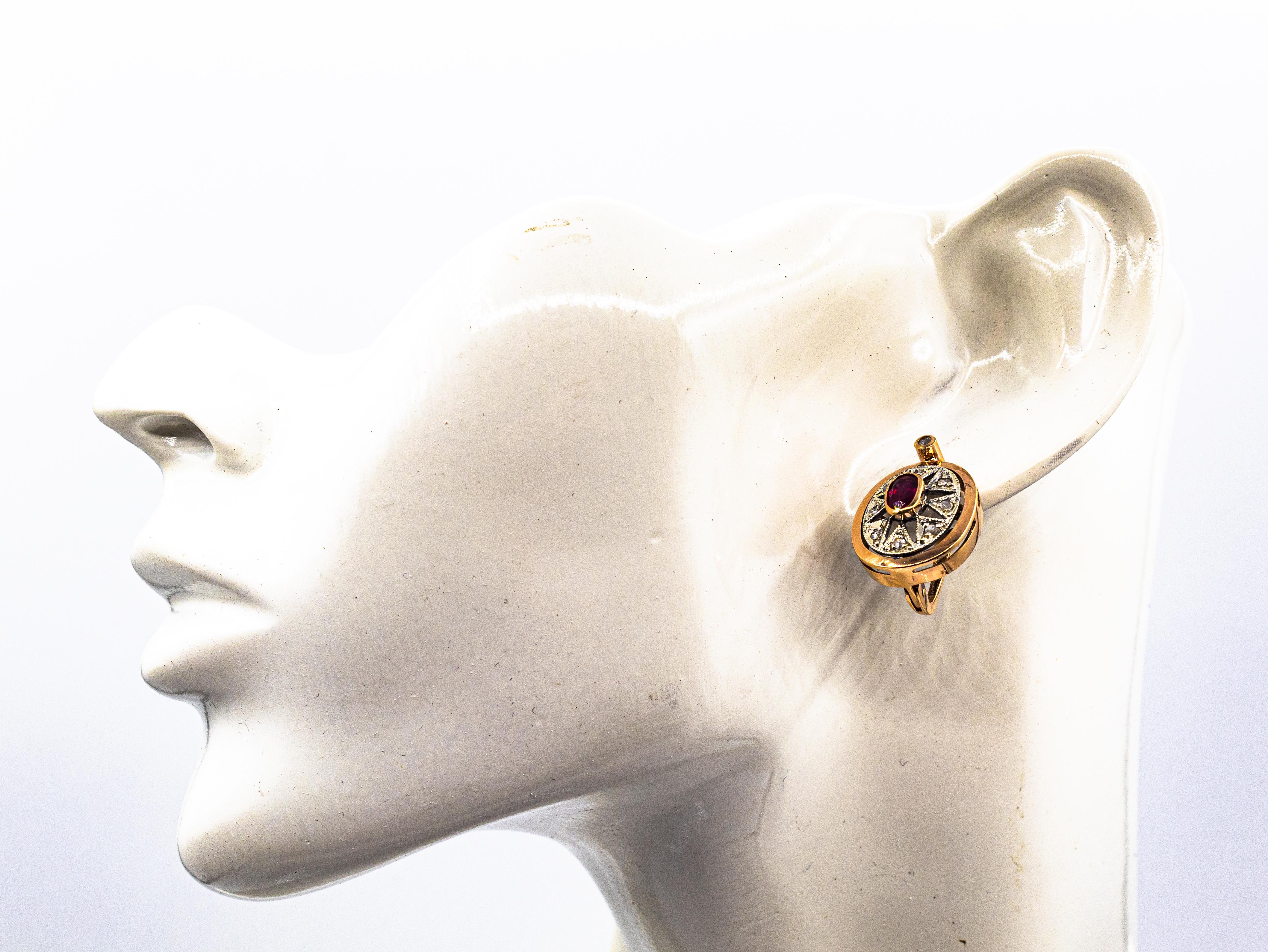 Pendants d'oreilles en or jaune de style Art déco avec diamants blancs taille rose et rubis taille ovale en vente 7