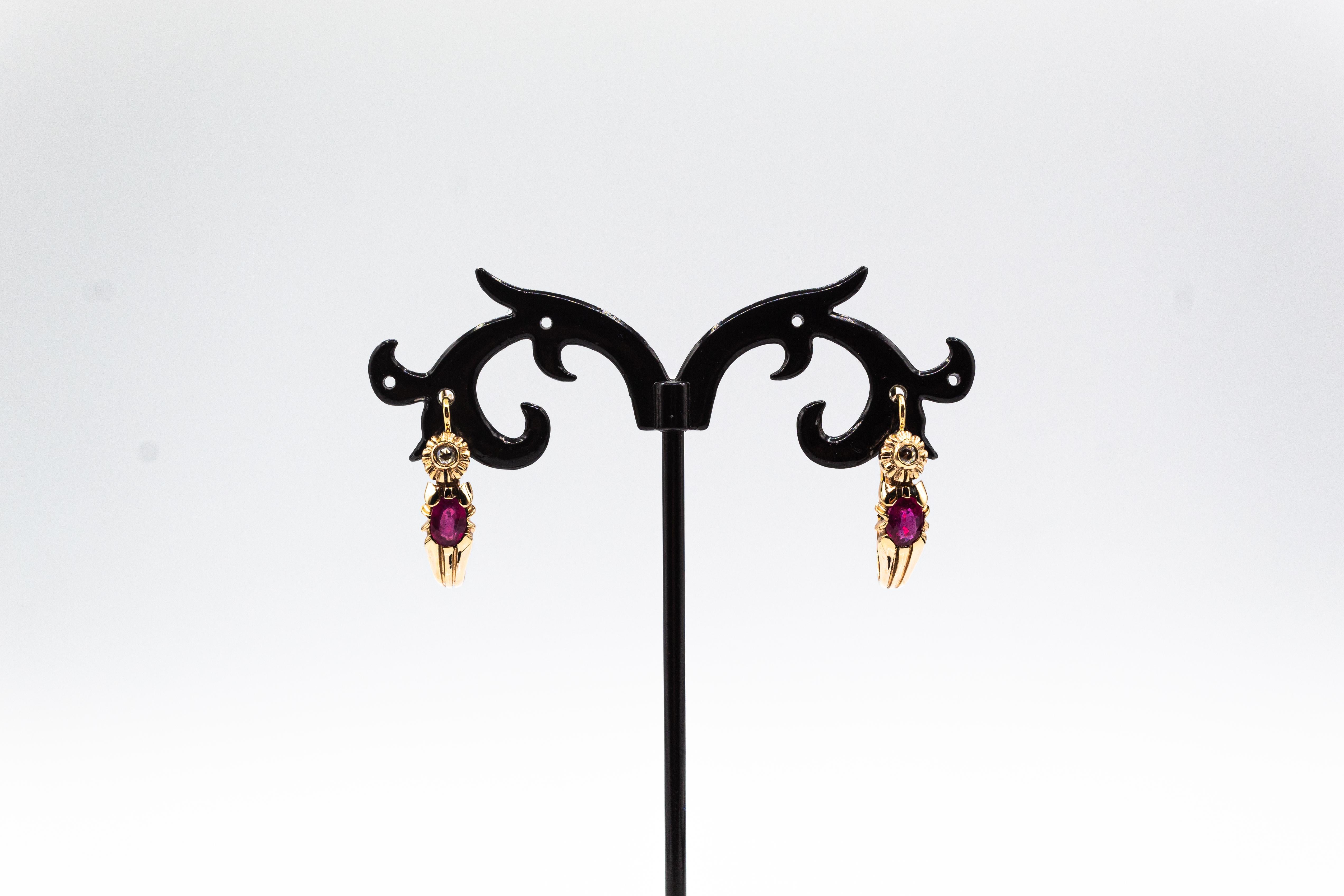 Art Deco Style White Rose Cut Diamond Oval Cut Ruby Yellow Gold Dangle Earrings For Sale 9