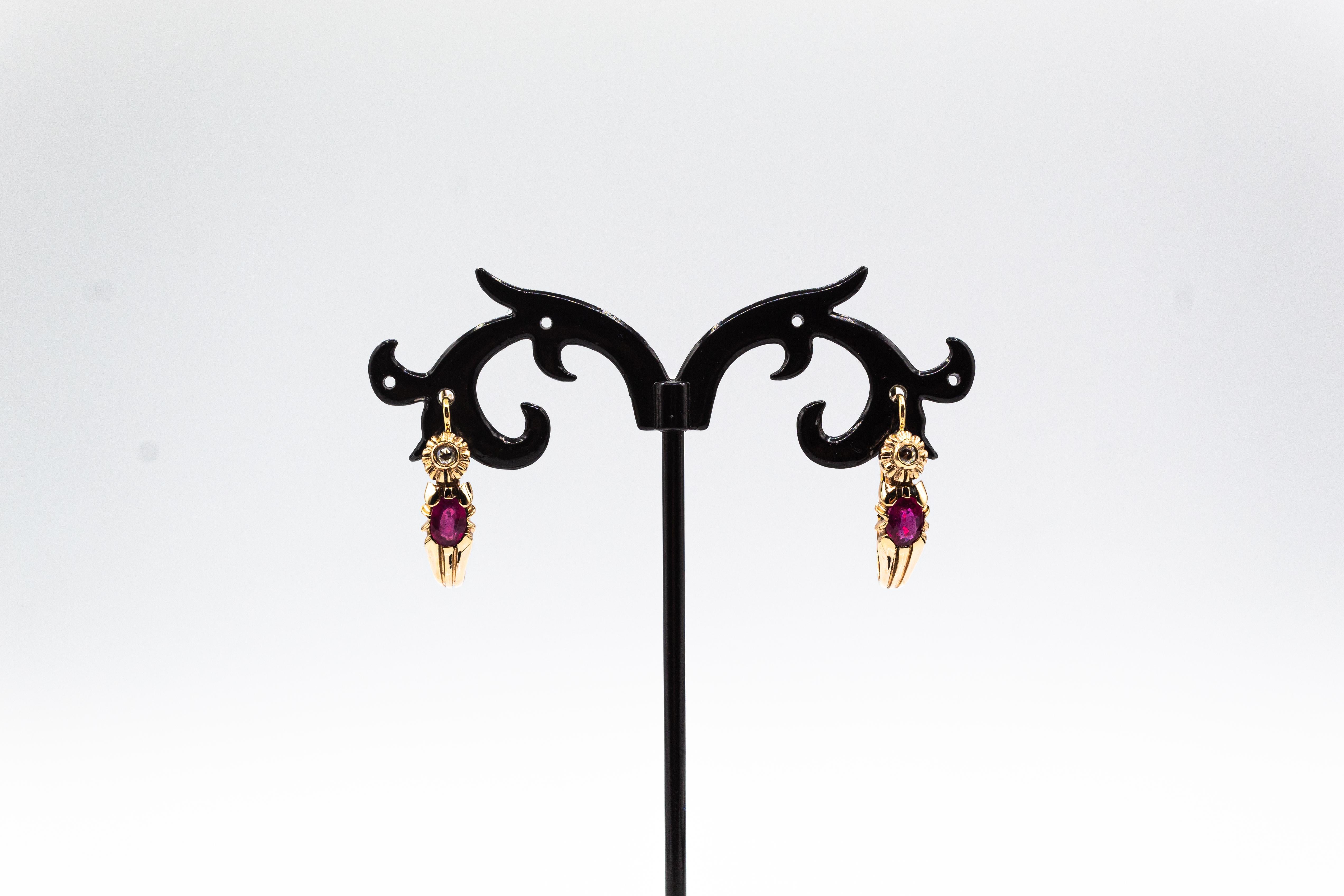 Pendants d'oreilles de style Art déco en or jaune avec diamants blancs taille rose et rubis taille ovale en vente 8