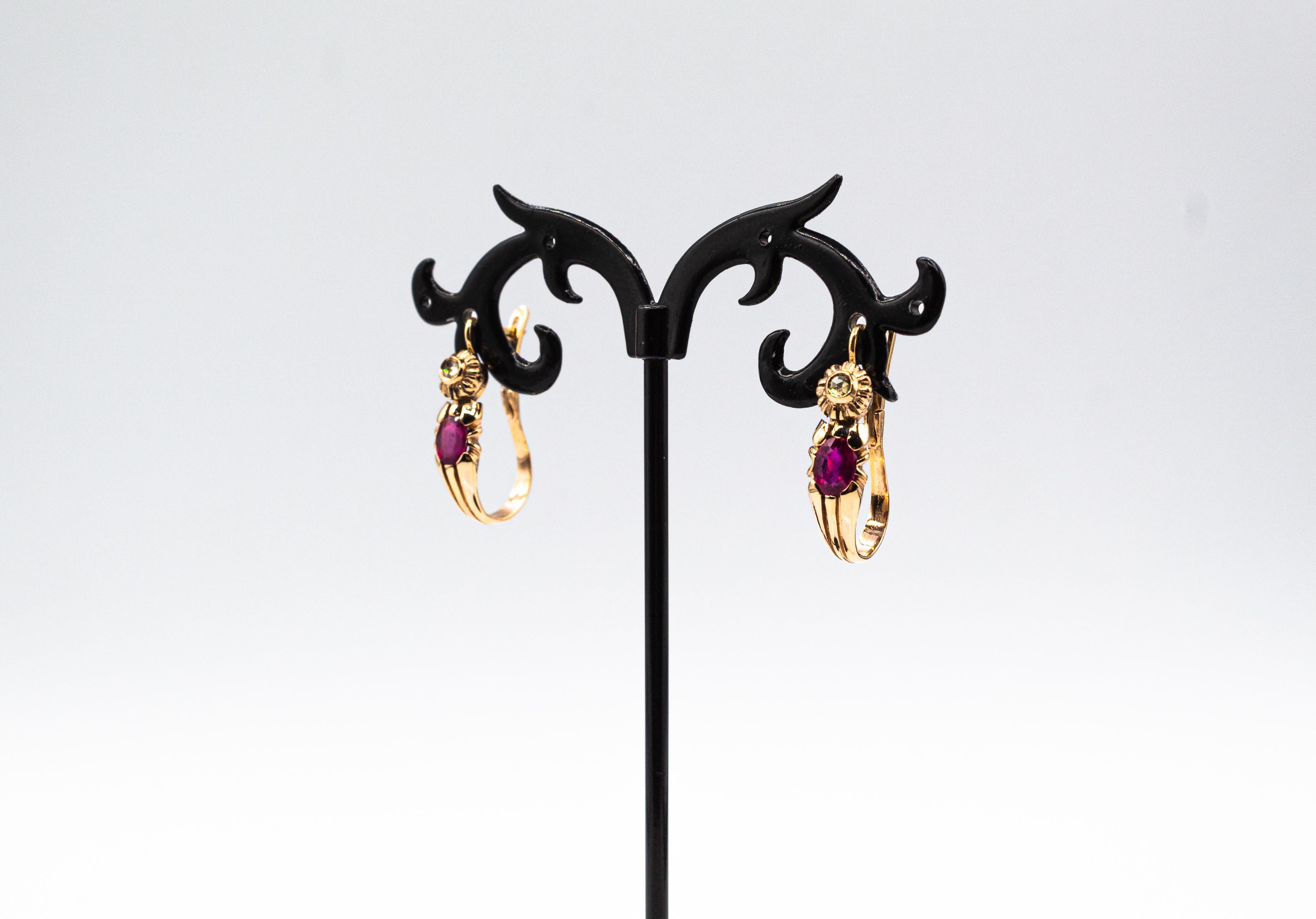 Art Deco Style White Rose Cut Diamond Oval Cut Ruby Yellow Gold Dangle Earrings For Sale 12