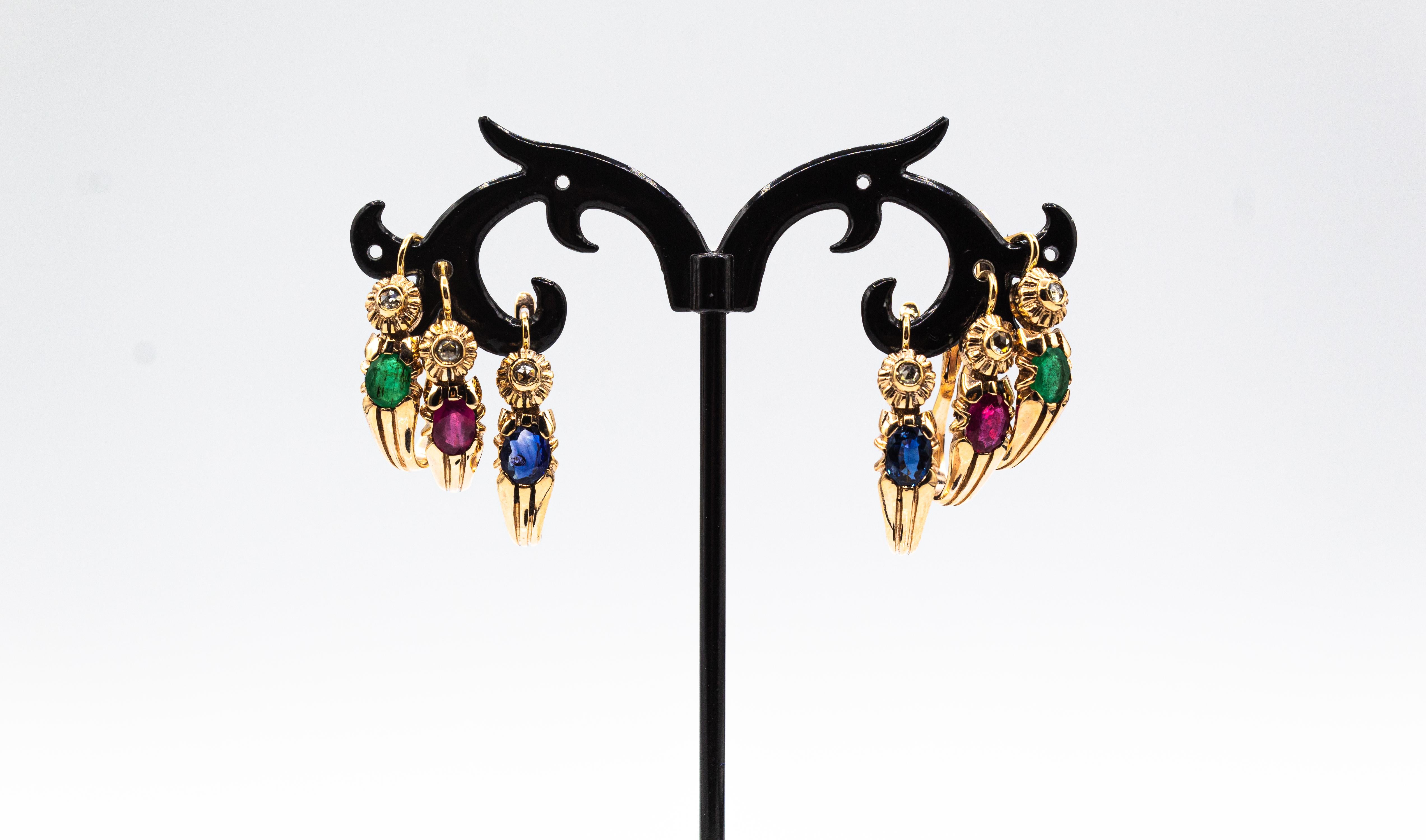Gelbgold-Ohrringe im Art-déco-Stil mit weißem Diamanten im Rosenschliff im Ovalschliff und Rubin im Ovalschliff im Angebot 12