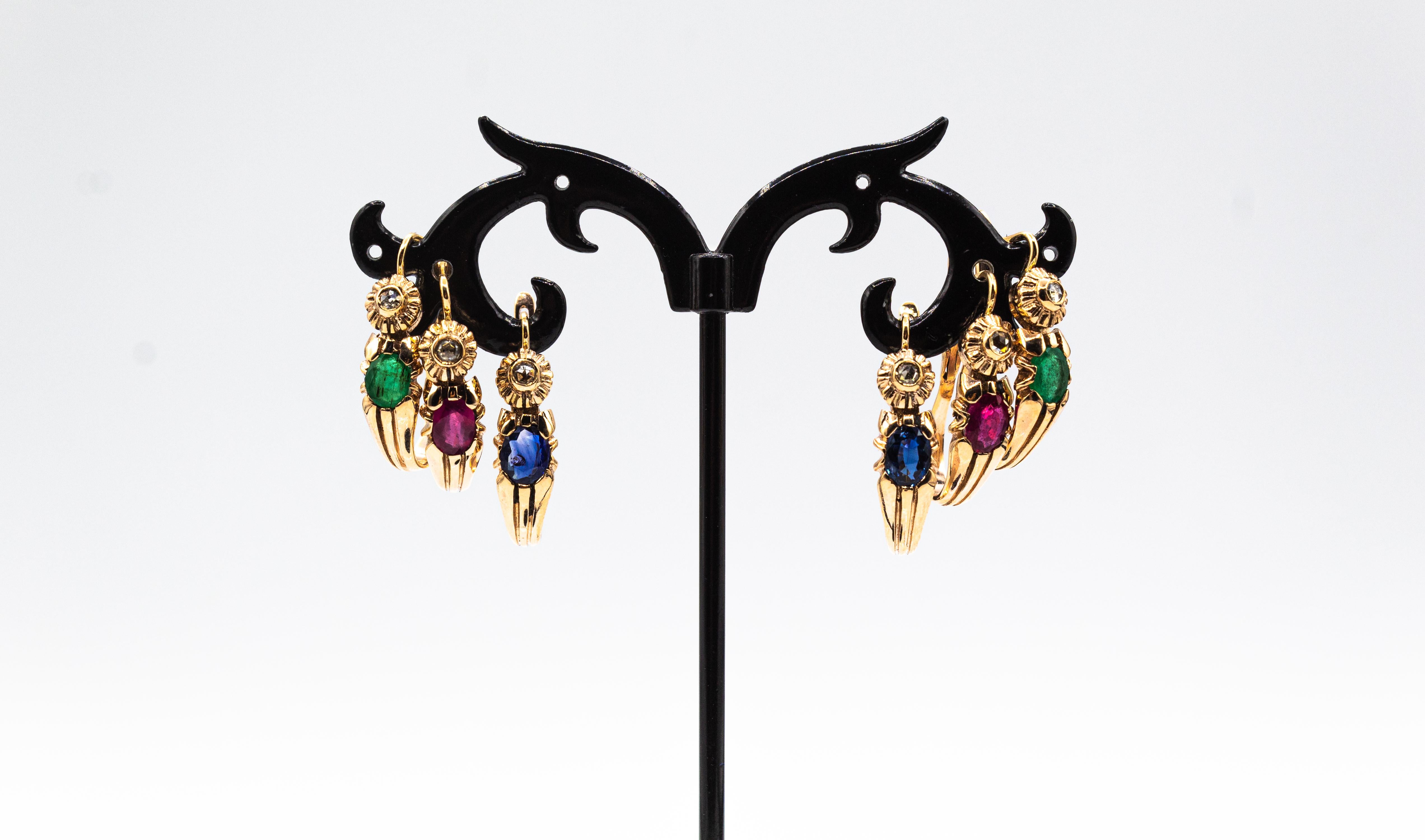 Pendants d'oreilles de style Art déco en or jaune avec diamants blancs taille rose et rubis taille ovale en vente 12