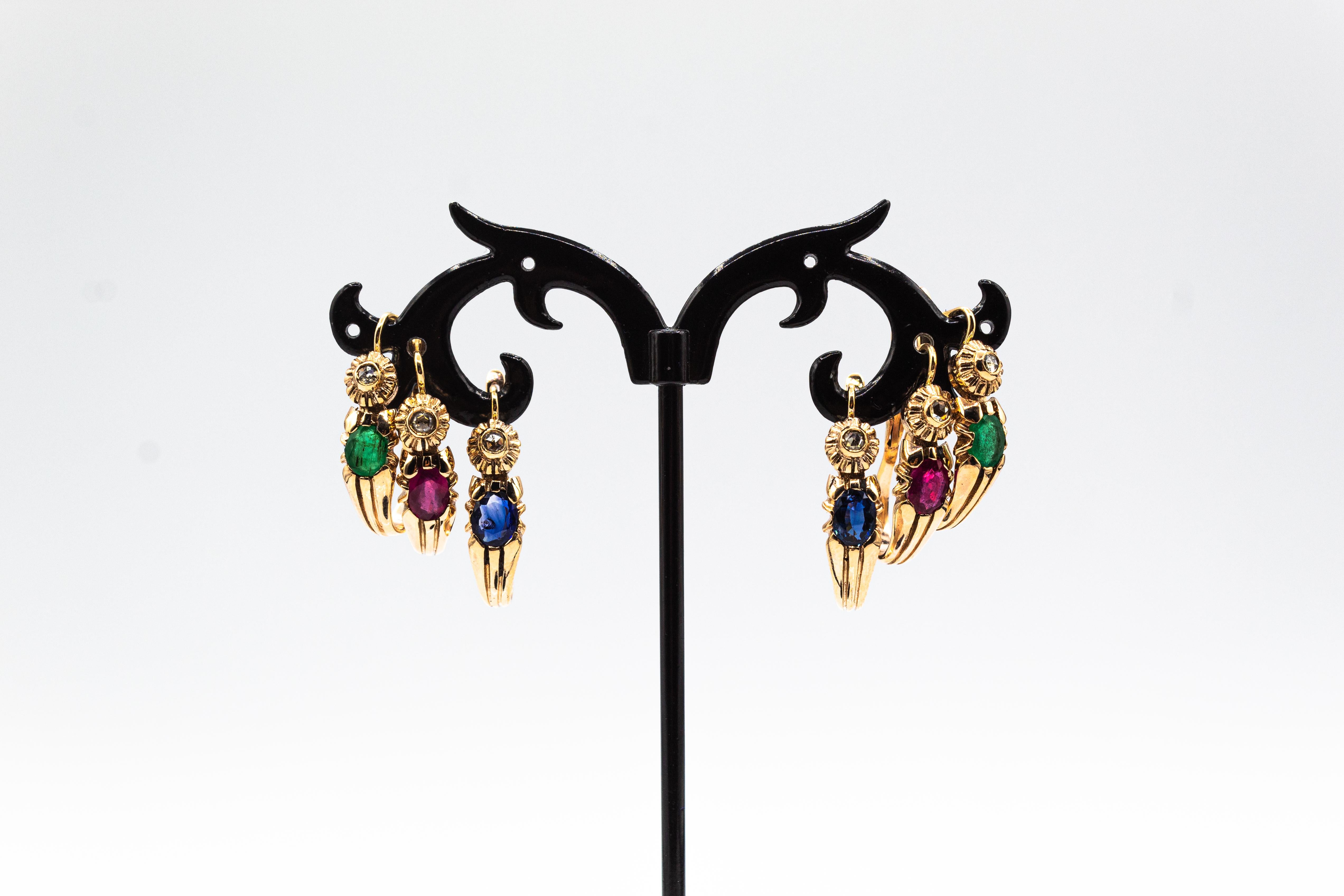 Pendants d'oreilles de style Art déco en or jaune avec diamants blancs taille rose et rubis taille ovale en vente 13