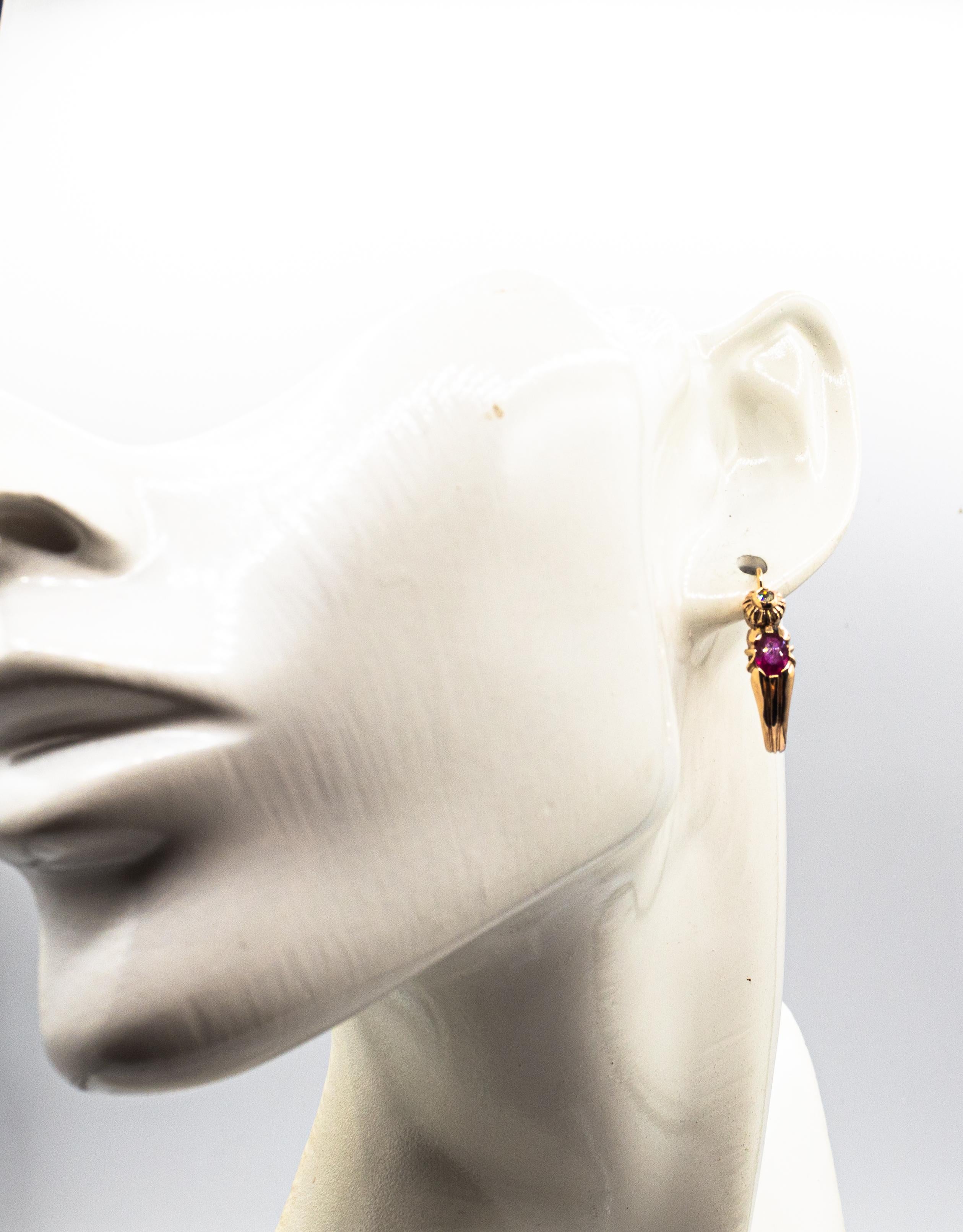 Art Deco Style White Rose Cut Diamond Oval Cut Ruby Yellow Gold Dangle Earrings For Sale 15